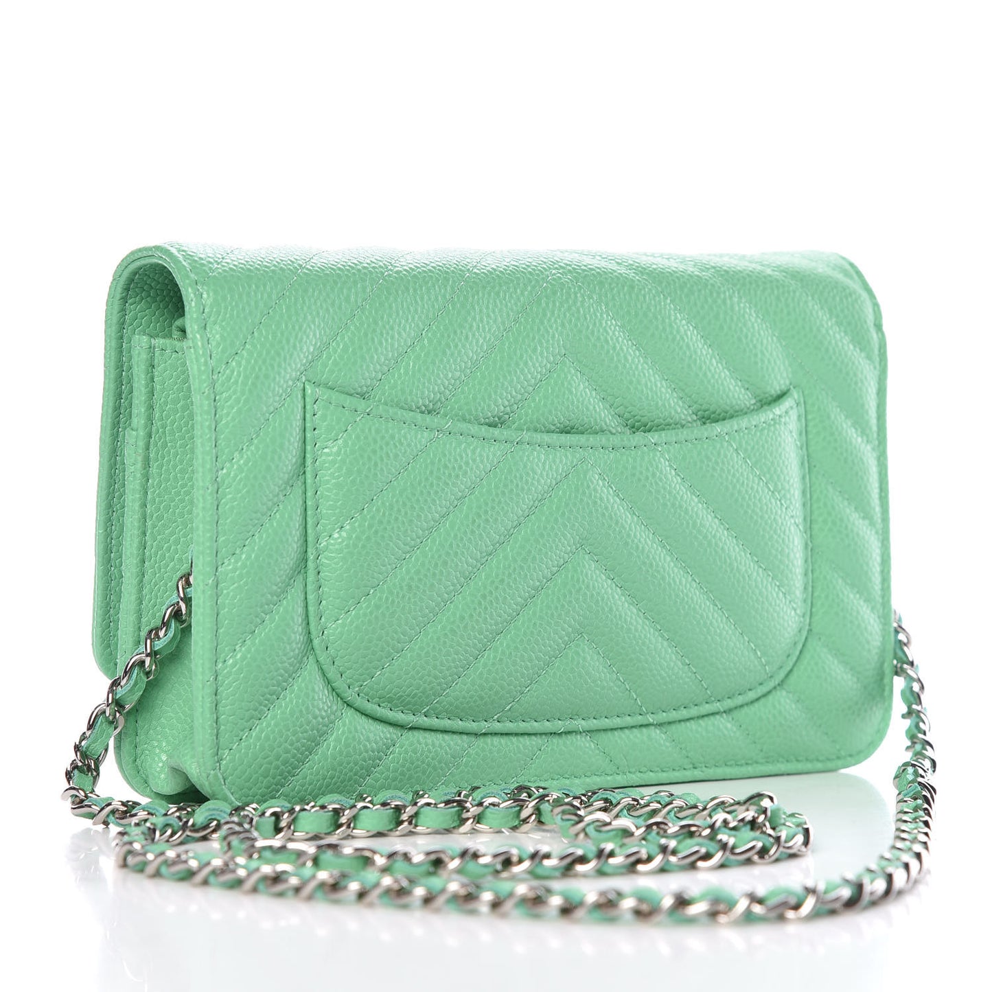 Caviar Chevron Quilted Wallet On Chain WOC Green