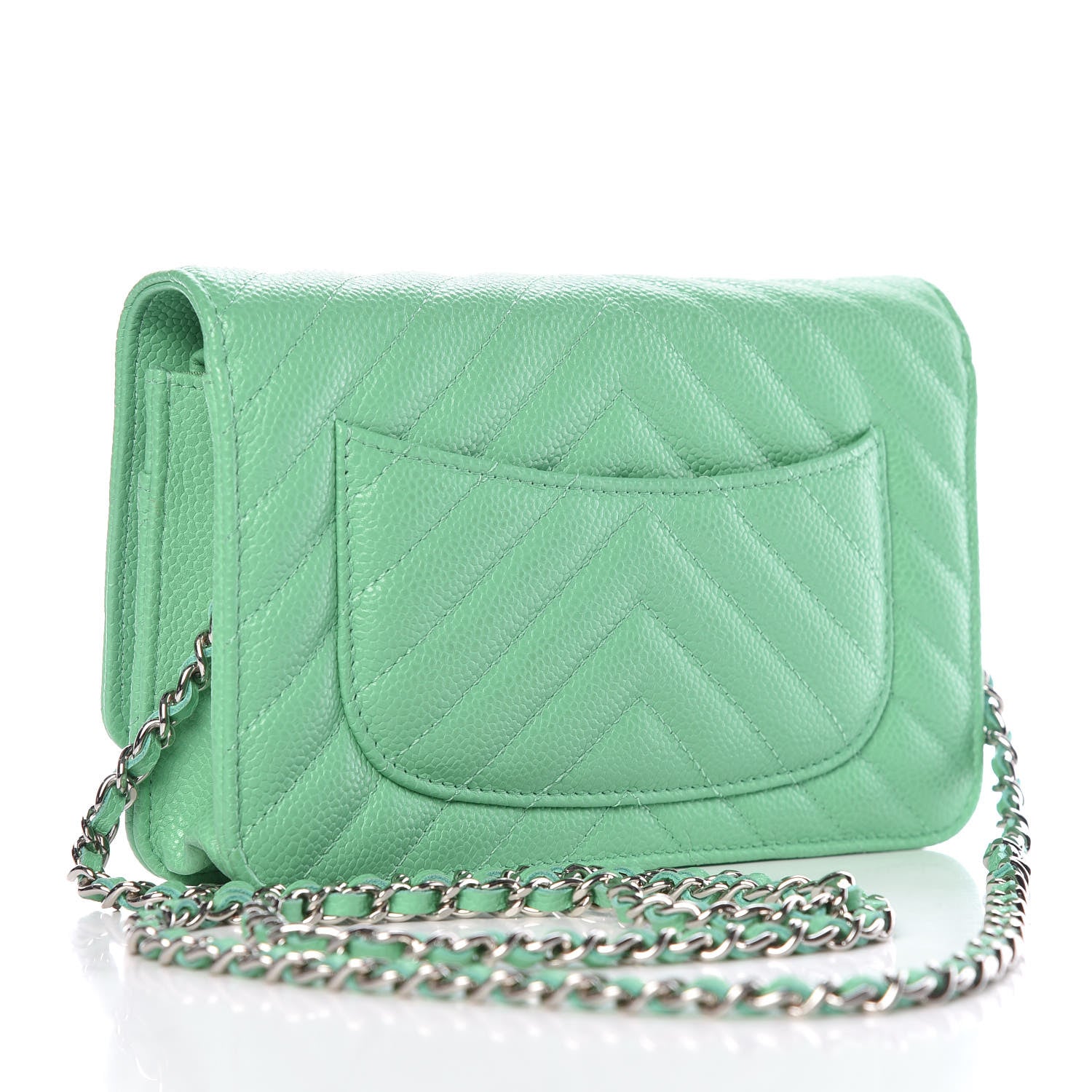 Chanel Caviar Chevron Quilted Wallet On Chain WOC Green 3 of 11