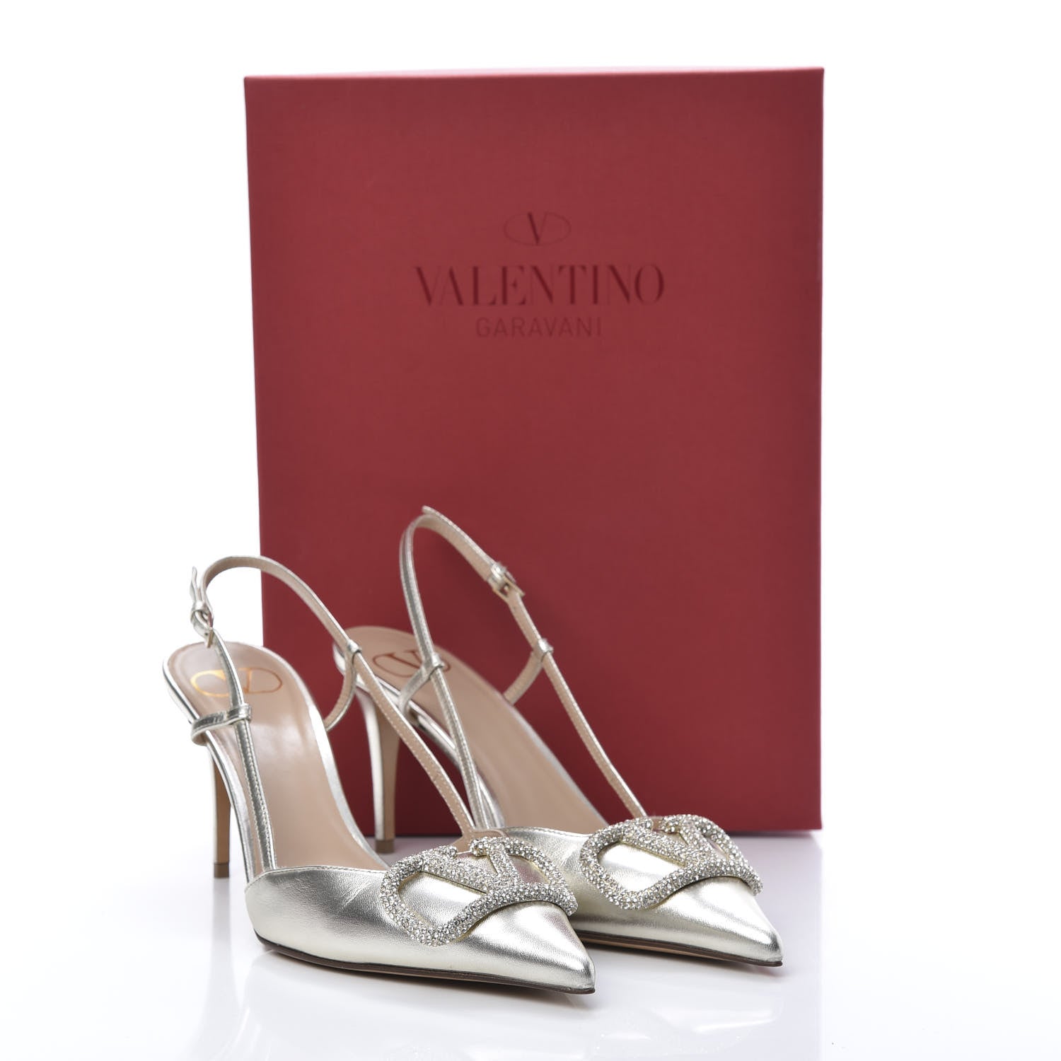 Valentino Garavani Metallic Nappa Crystal Vlogo Glow Slingback 80mm Pumps 38.5 Platino 8 of 8