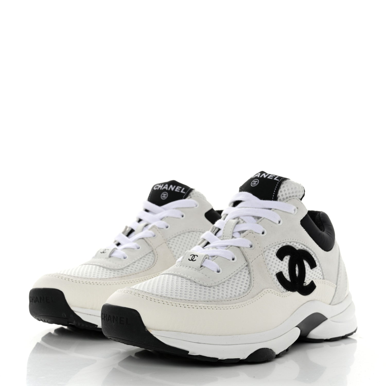 Chanel Mesh Suede Calfskin Grained Calfskin Womens CC Sneakers 38.5 White Black 3 of 9