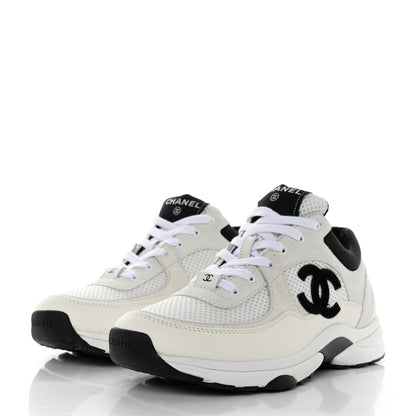 Chanel Mesh Suede Calfskin Grained Calfskin Womens CC Sneakers 38.5 White Black 3 of 9