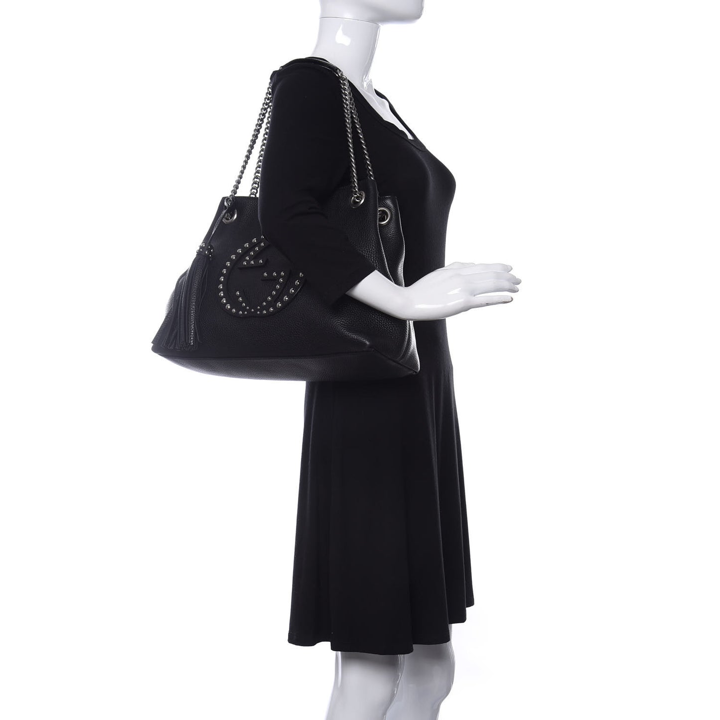 Pebbled Calfskin Studded Medium Soho Chain Shoulder Bag Black