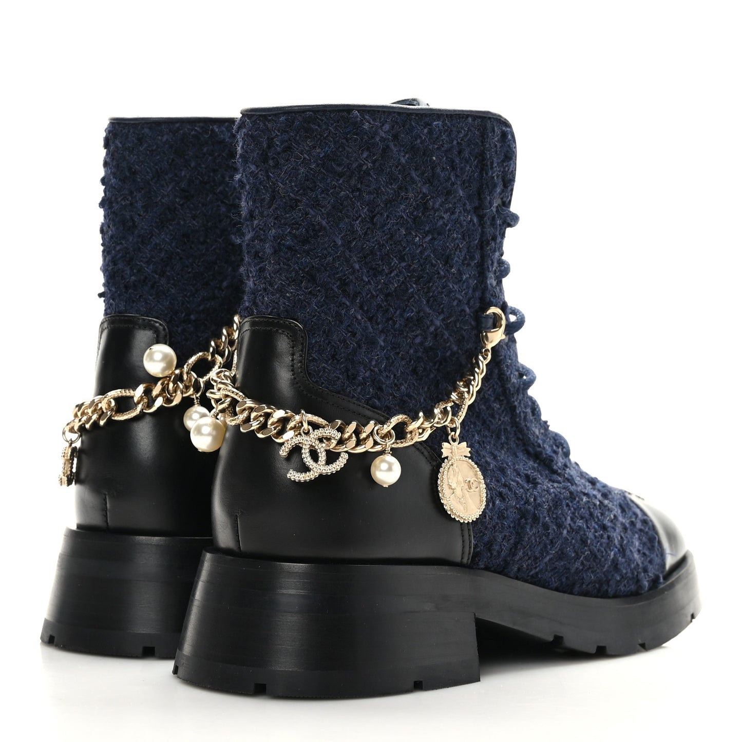 Tweed Calfskin Chain Lace Up Combat Boots 39 Navy Black