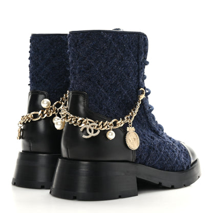 Chanel Tweed Calfskin Chain Lace Up Combat Boots 39 Navy Black 4 of 8