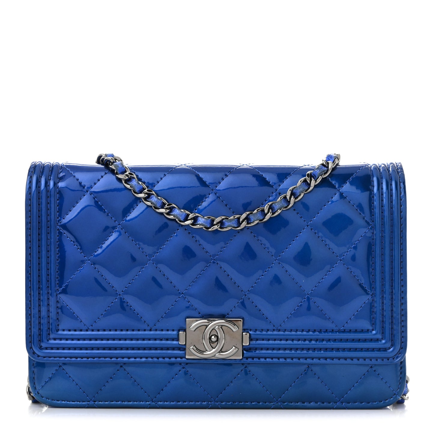 Metallic Patent Calfskin Quilted Boy Wallet on Chain WOC Blue