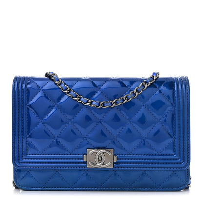 Chanel Metallic Patent Calfskin Quilted Boy Wallet on Chain WOC Blue 1 of 12