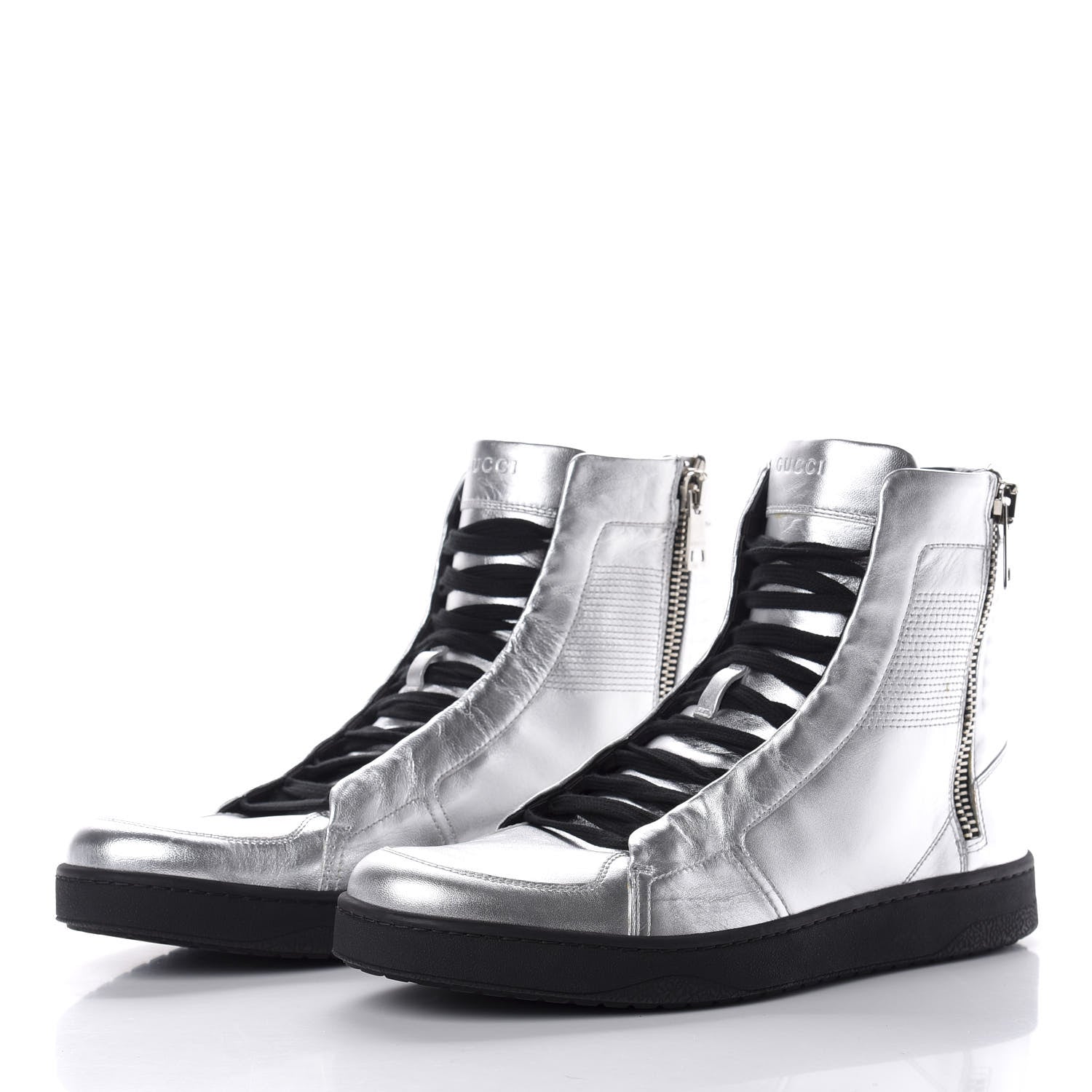 Gucci Metallic Nappa Silk Grosgrain Mens High Top Sneakers 9 Silver 3 of 18