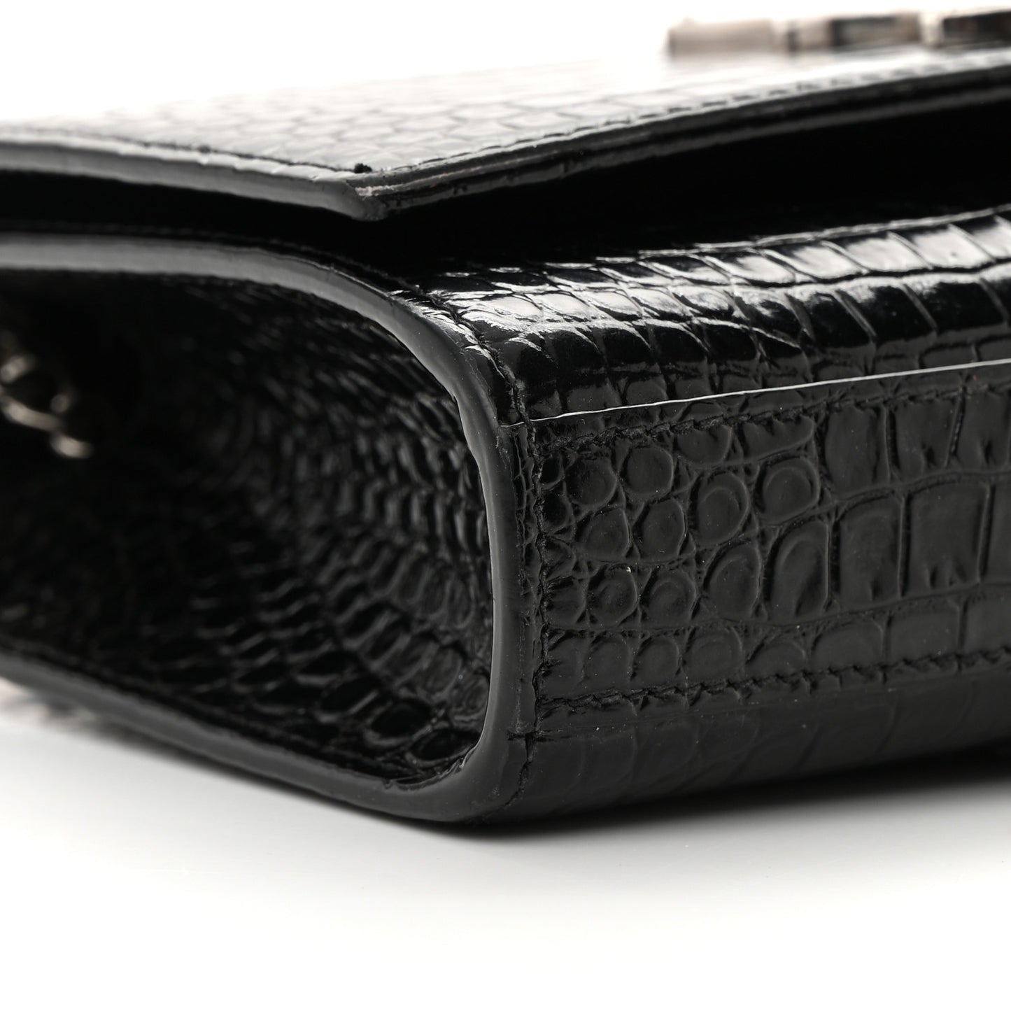 Calfskin Crocodile Embossed Small Classic Monogram Kate Tassel Satchel Black