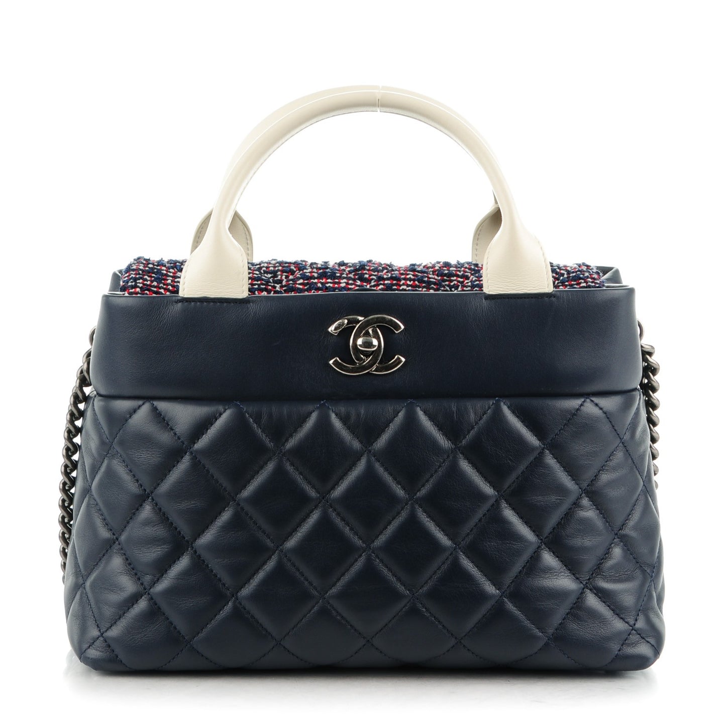 Calfskin Tweed Quilted Small Tote Navy Multicolor