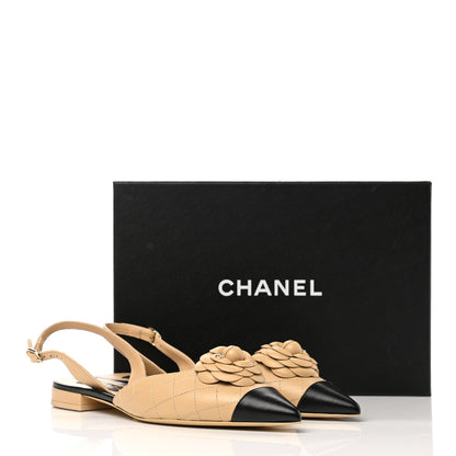 Chanel Lambskin Stitched Camellia Slingback Flats 40.5 Beige Black 9 of 9