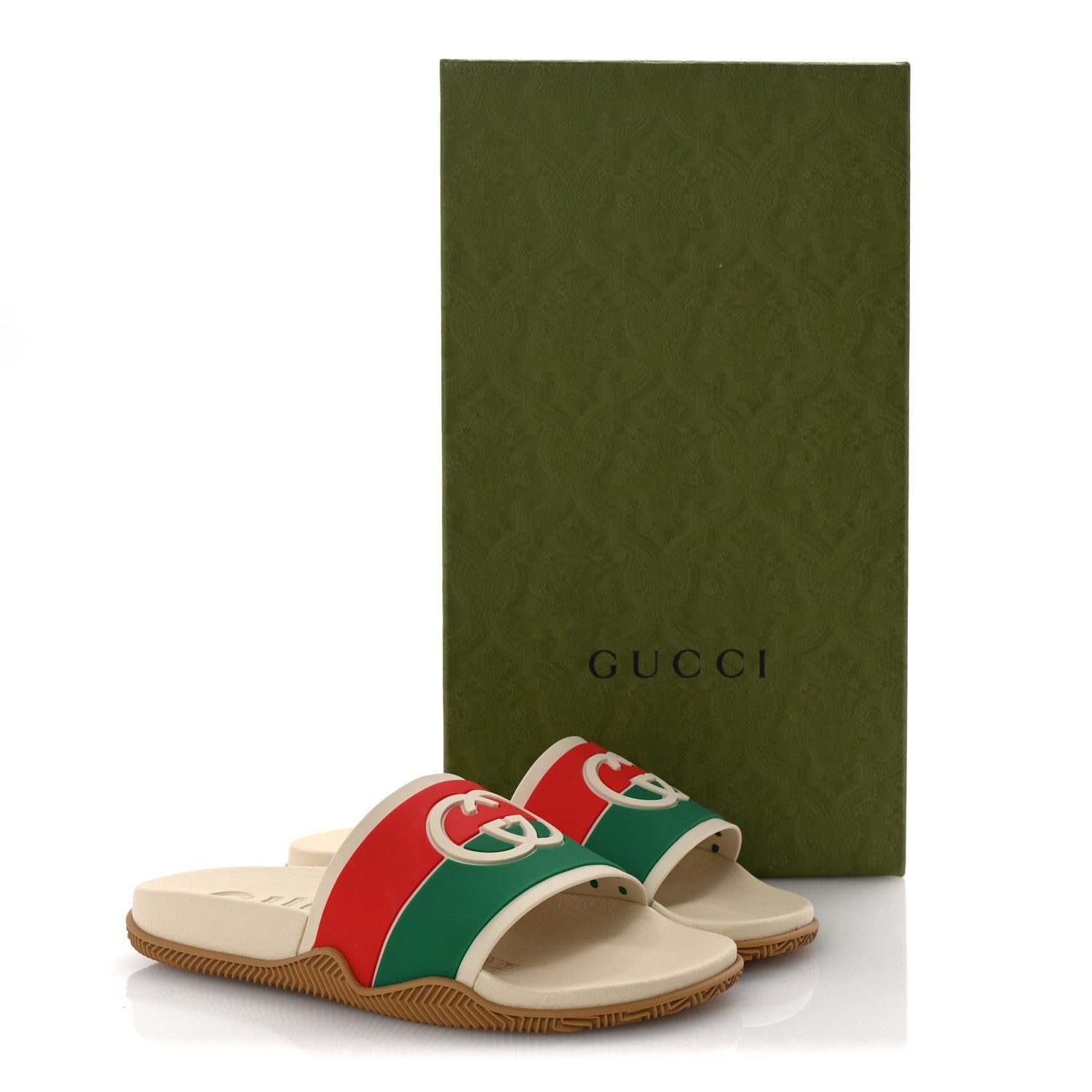 Gucci Rubber Web Womens Interlocking G Slide Sandals 37 Mystic White Green Red 9 of 9