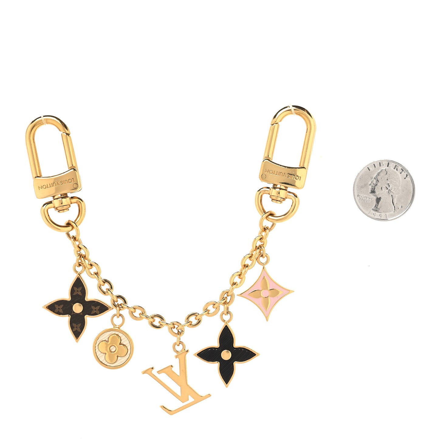 Brass Enamel Fleur De Monogram Bag Charm Chain Gold