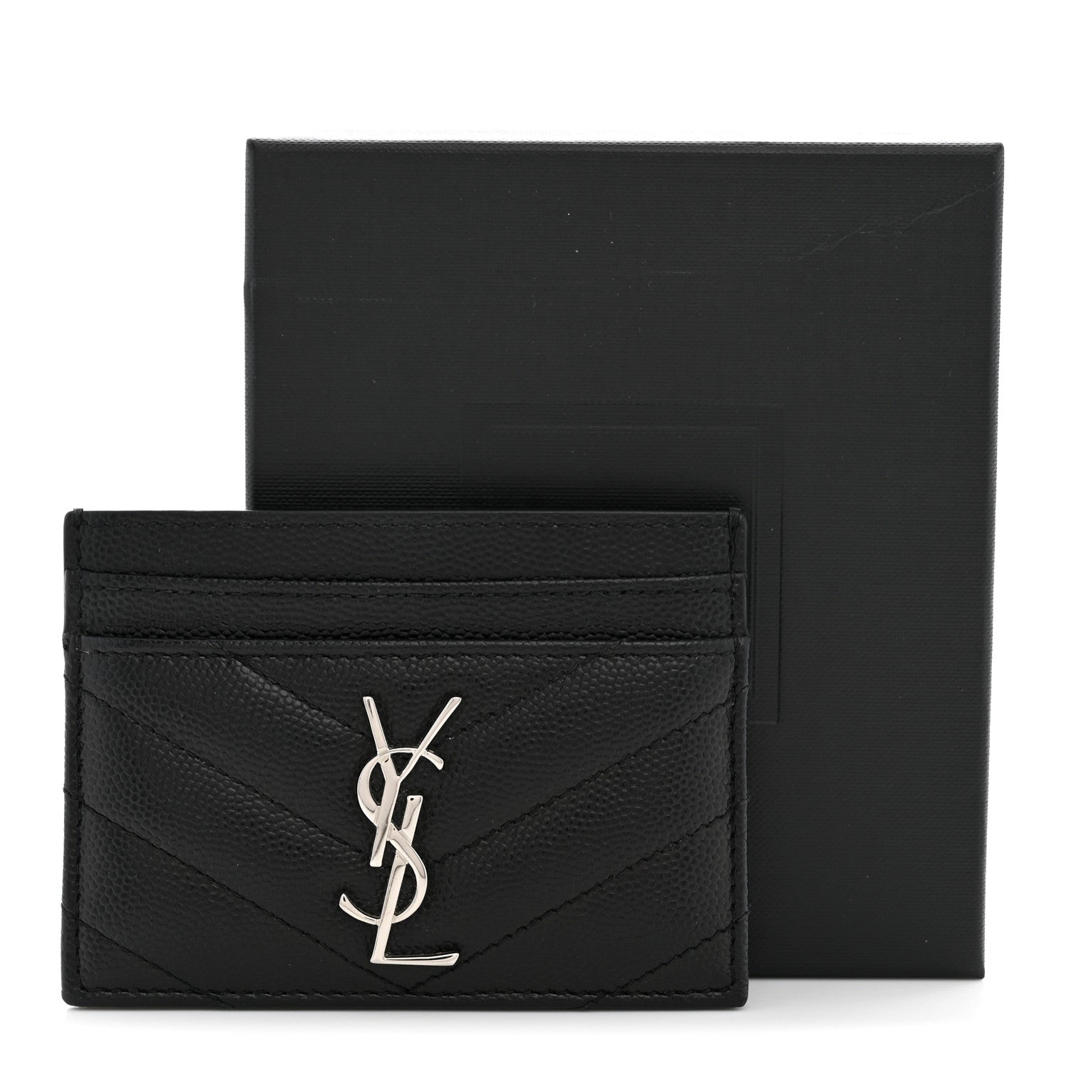 Saint Laurent Grain De Poudre Matelasse Chevron Monogram Credit Card Case Black 8 of 8