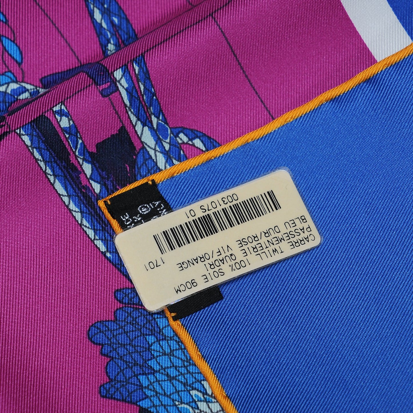 Silk Passementerie Quadri Scarf 90 Bleu Dur Rose Vif Orange