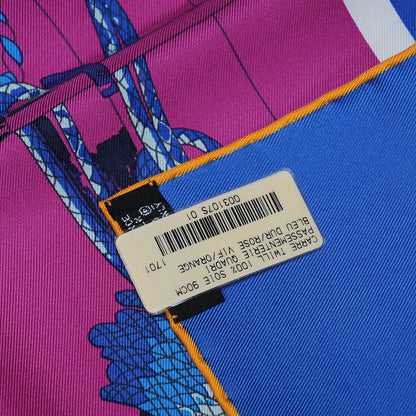 Hermes Silk Passementerie Quadri Scarf 90 Bleu Dur Rose Vif Orange 6 of 7