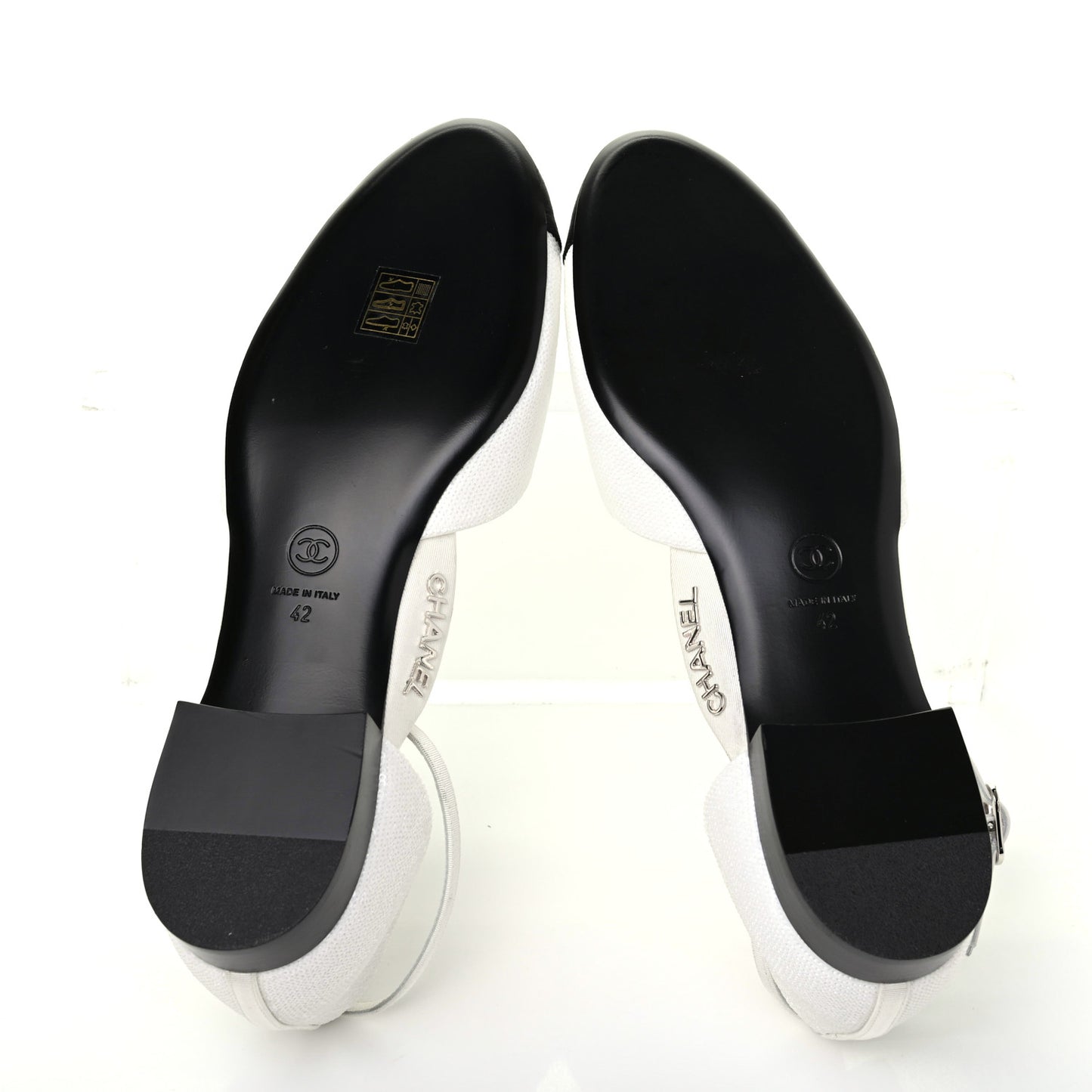 Sequin Grosgrain Cap Toe CC Ankle Strap Sandals 42 White Black