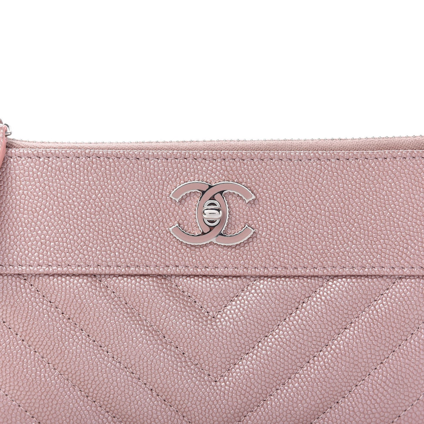 Metallic Caviar Chevron Quilted Small Vintage Mademoiselle Cosmetic Case Pink