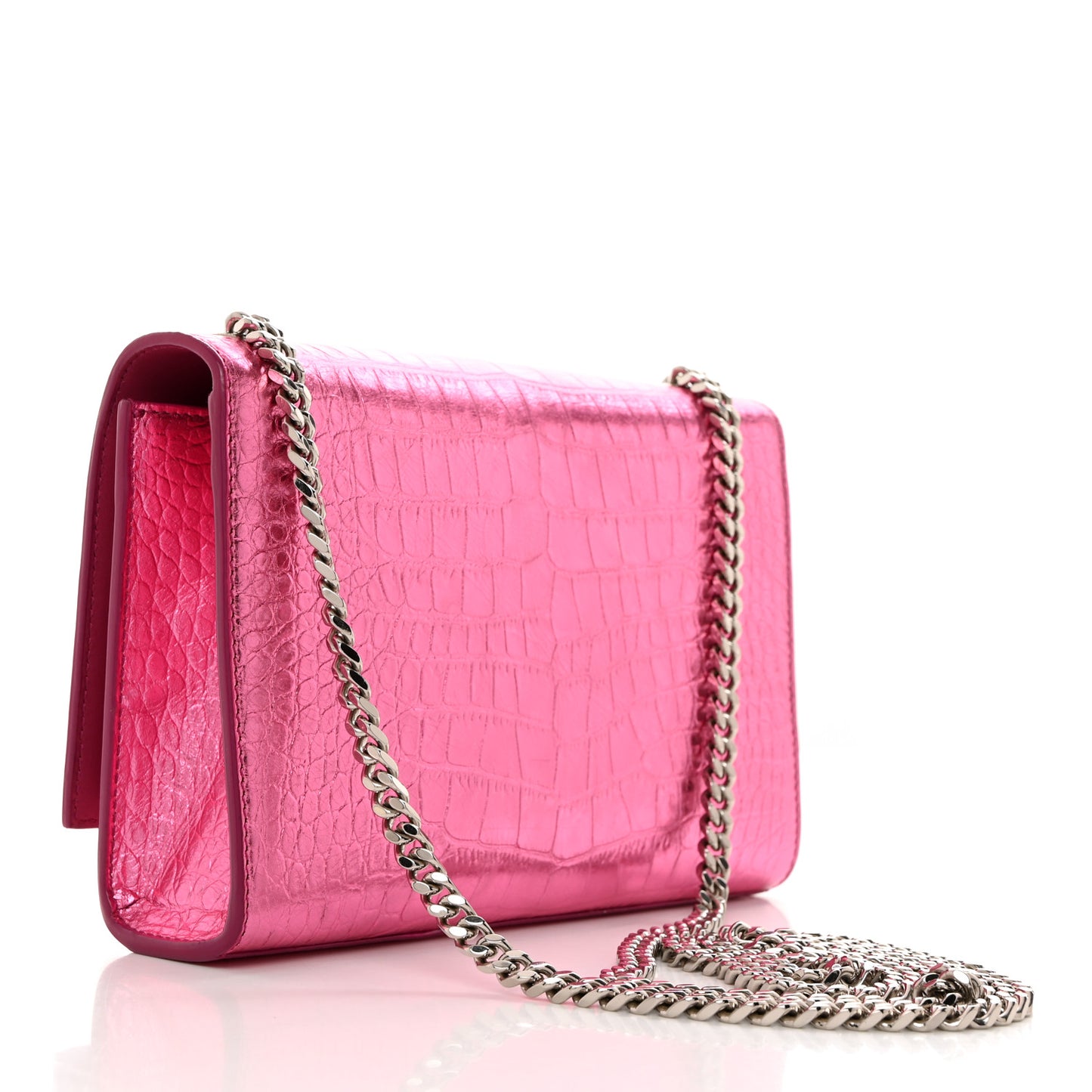 Metallic Calfskin Crocodile Embossed Small Classic Monogram Kate Tassel Satchel Pink