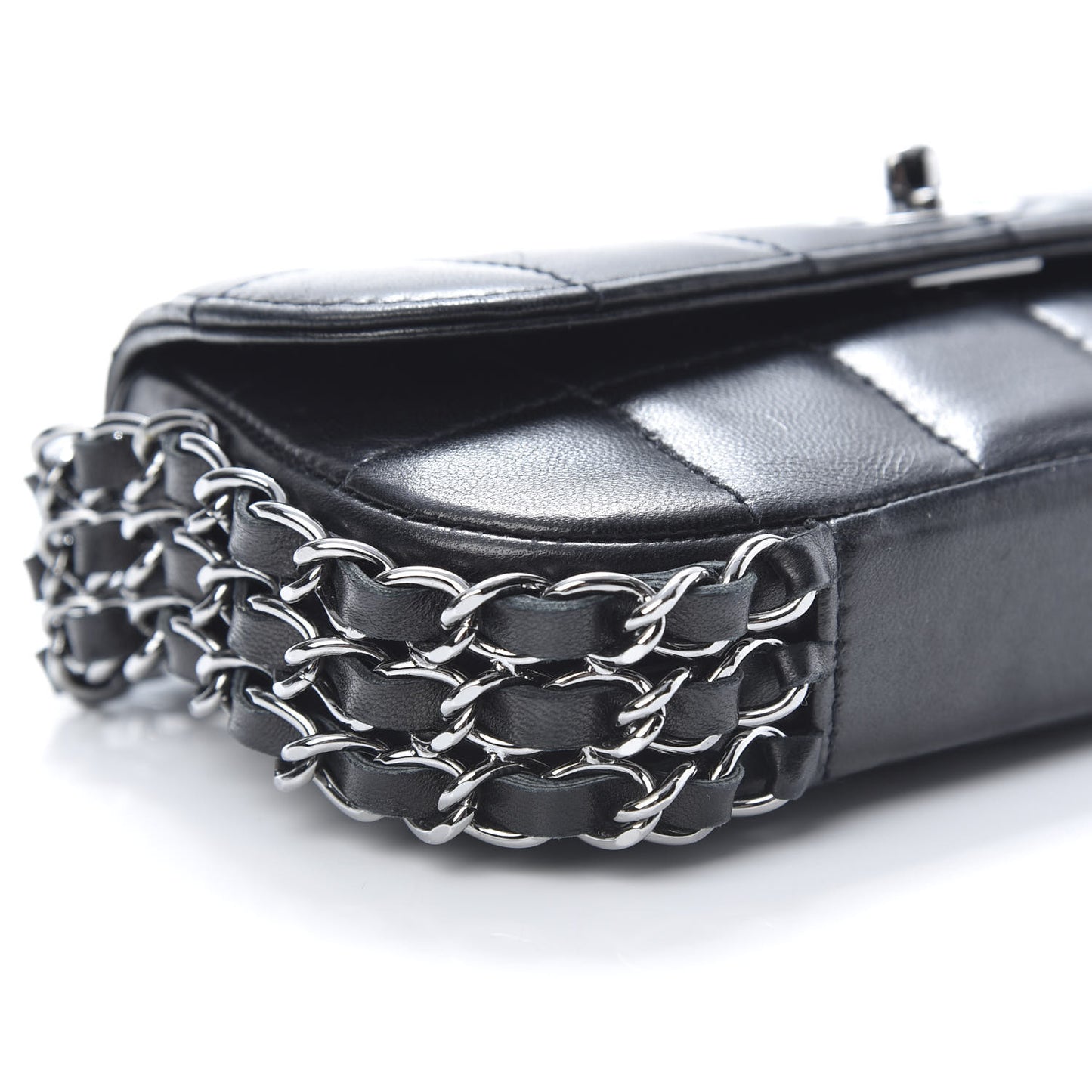 Lambskin Quilted Chocolate Bar 3 Chain Flap Black