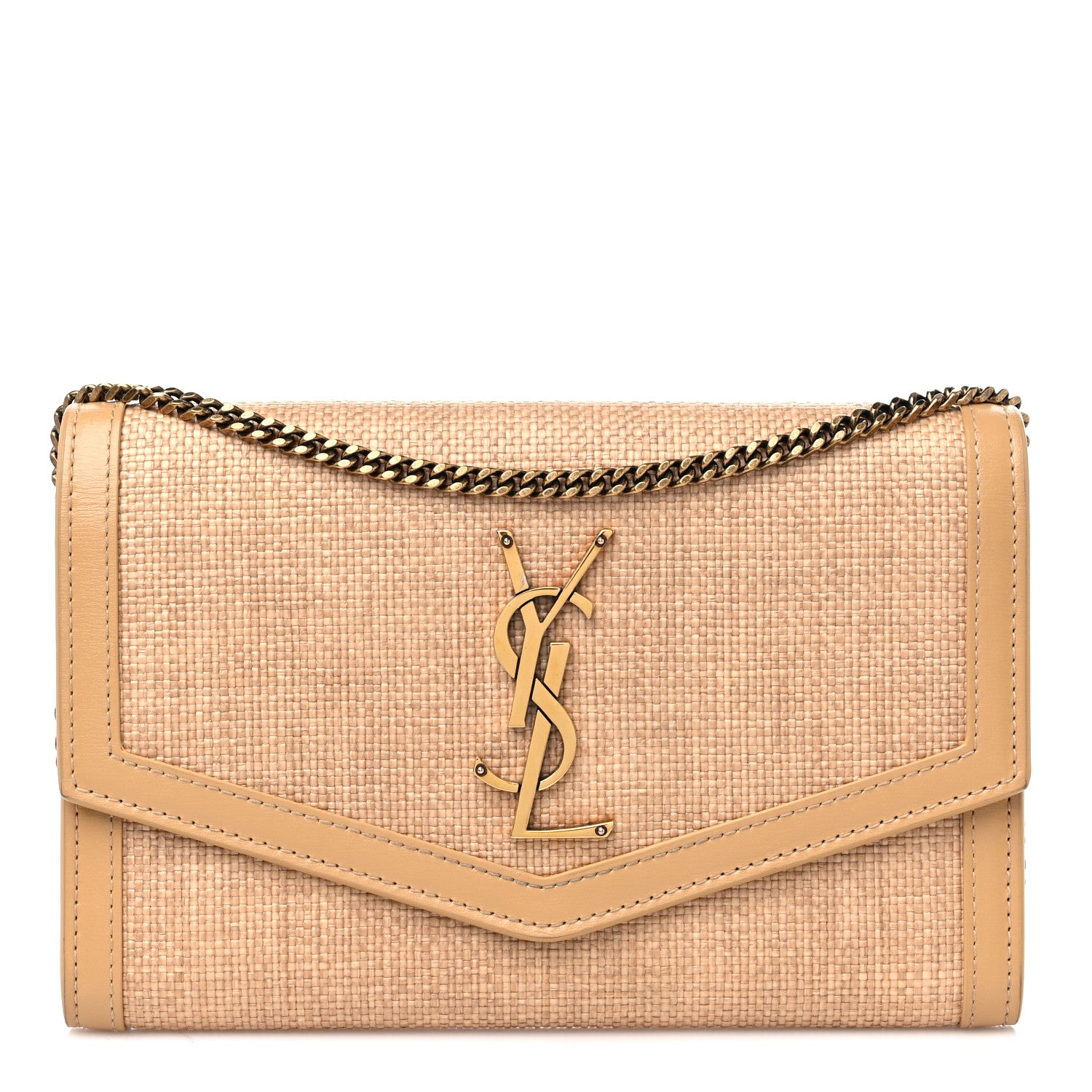 Saint Laurent Micro Raffia Monogram Uptown Chain Wallet Natural Hay Blush 1 of 11