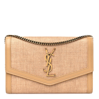 Saint Laurent Micro Raffia Monogram Uptown Chain Wallet Natural Hay Blush 1 of 11