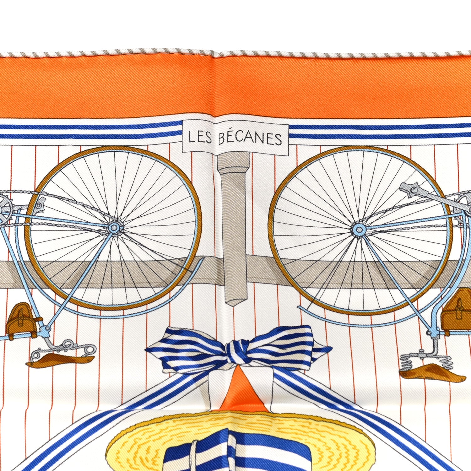 Hermes Silk Vintage Les Becanes Scarf 70 Orange White Bleu 1010182