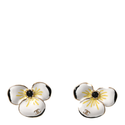 Chanel Metal Resin Glass Pearl CC Flower Stud Earrings Gold White Black 1 of 5