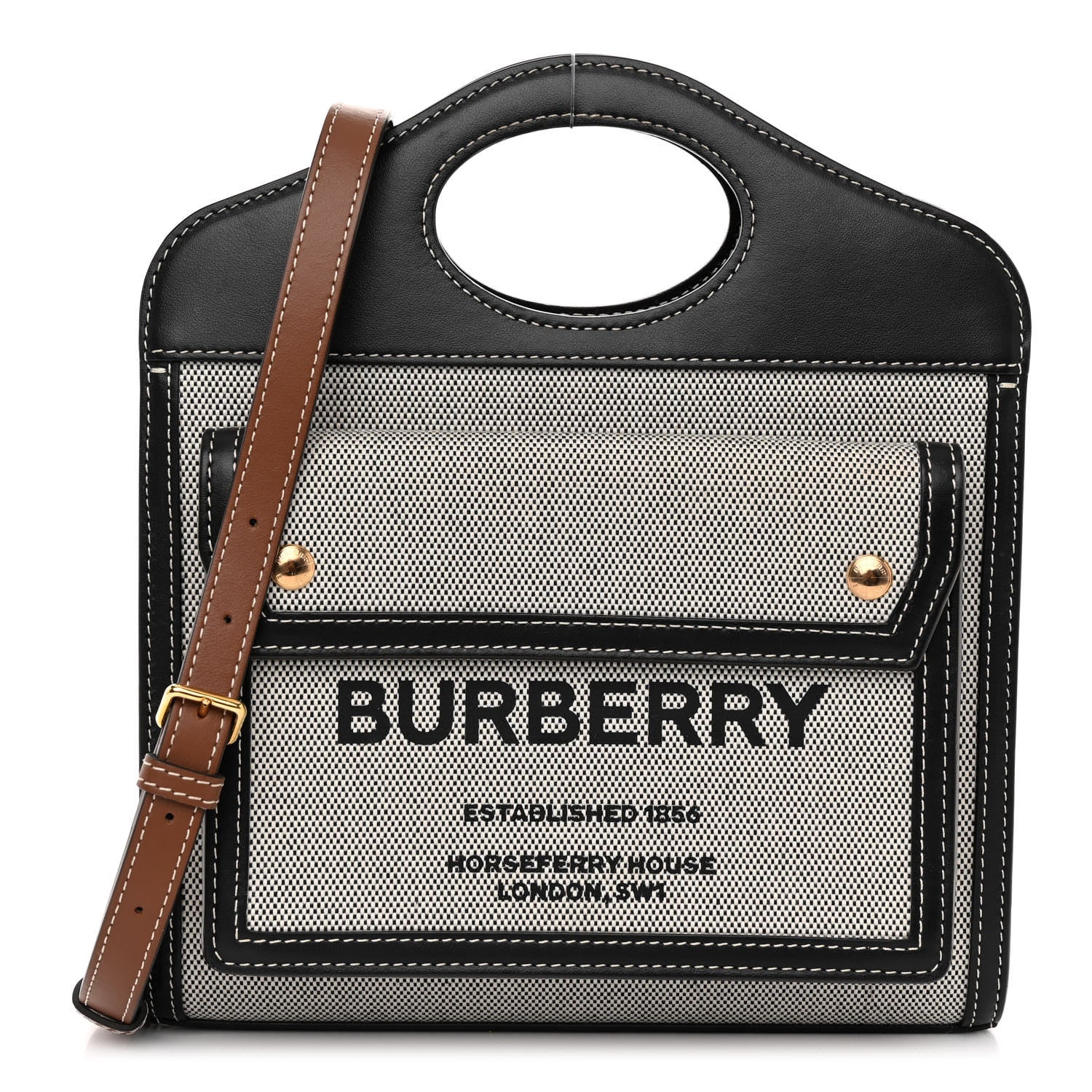 Burberry Smooth Calfskin Canvas Two Tone Mini Pocket Bag Black Tan 1 of 10