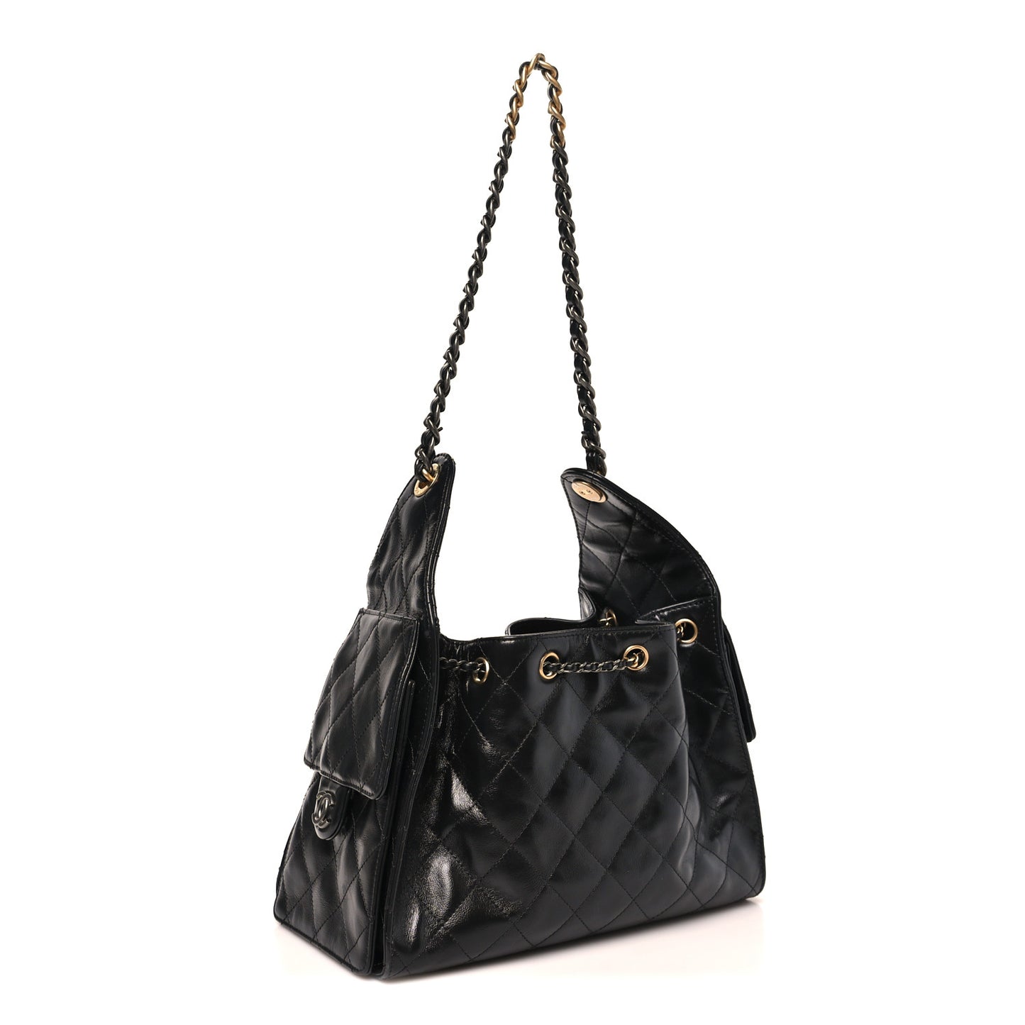 Shiny Crumpled Calfskin Quilted Small Chanel 25 Handbag Black