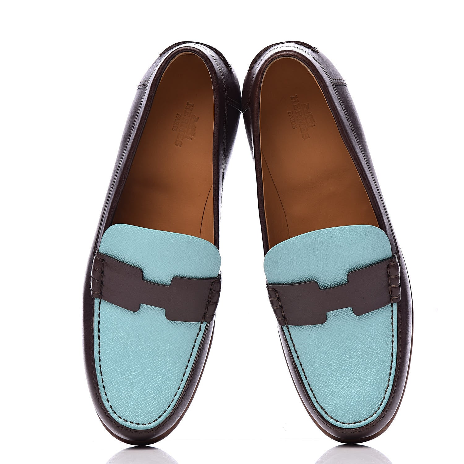Hermes Calfskin Epsom Womens Kennedy Loafers 38.5 Tabac Bleu Atoll 15 of 15