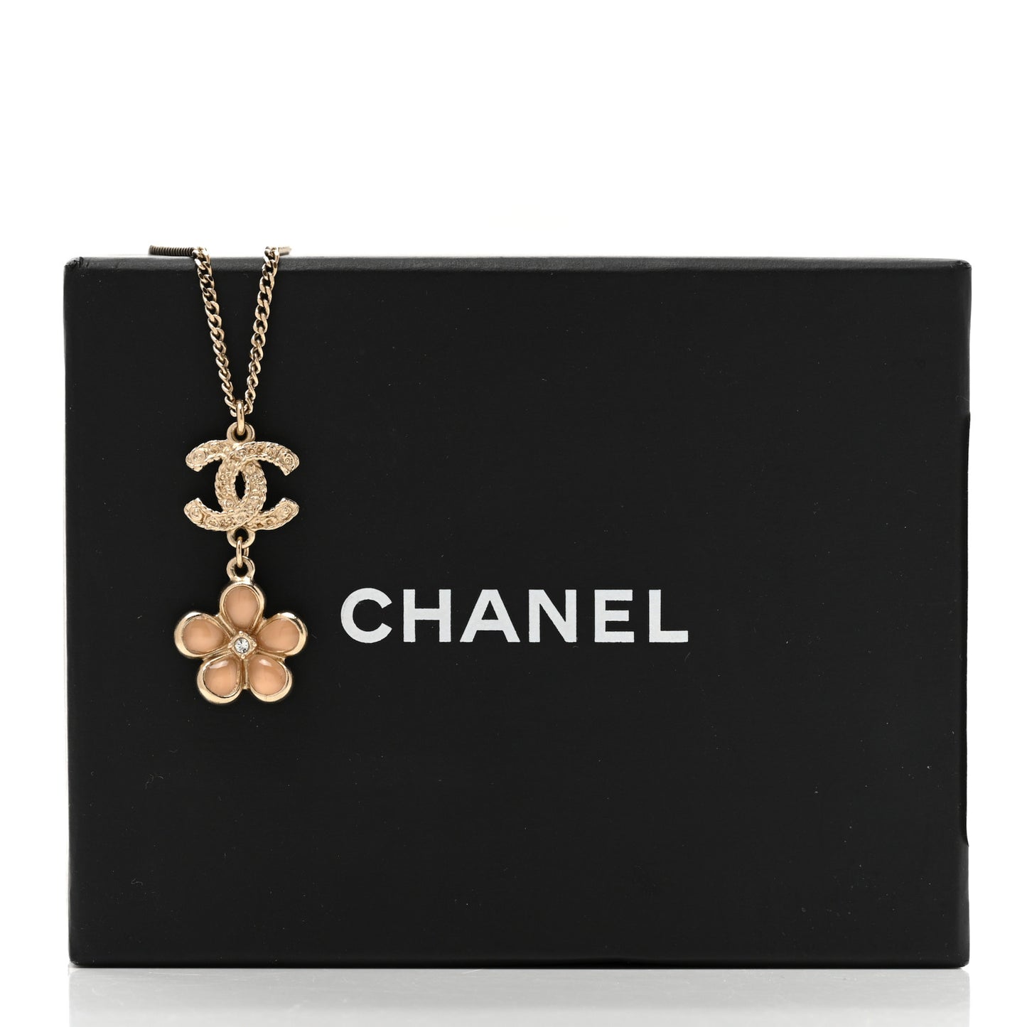 Enamel Crystal CC Camellia Pendant Necklace Beige Gold