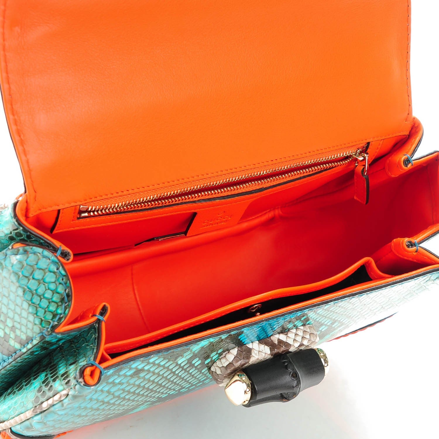 Gucci Python Medium New Bamboo Top Handle Bag Neon Orange Raspberry Aquamarine 5 of 7