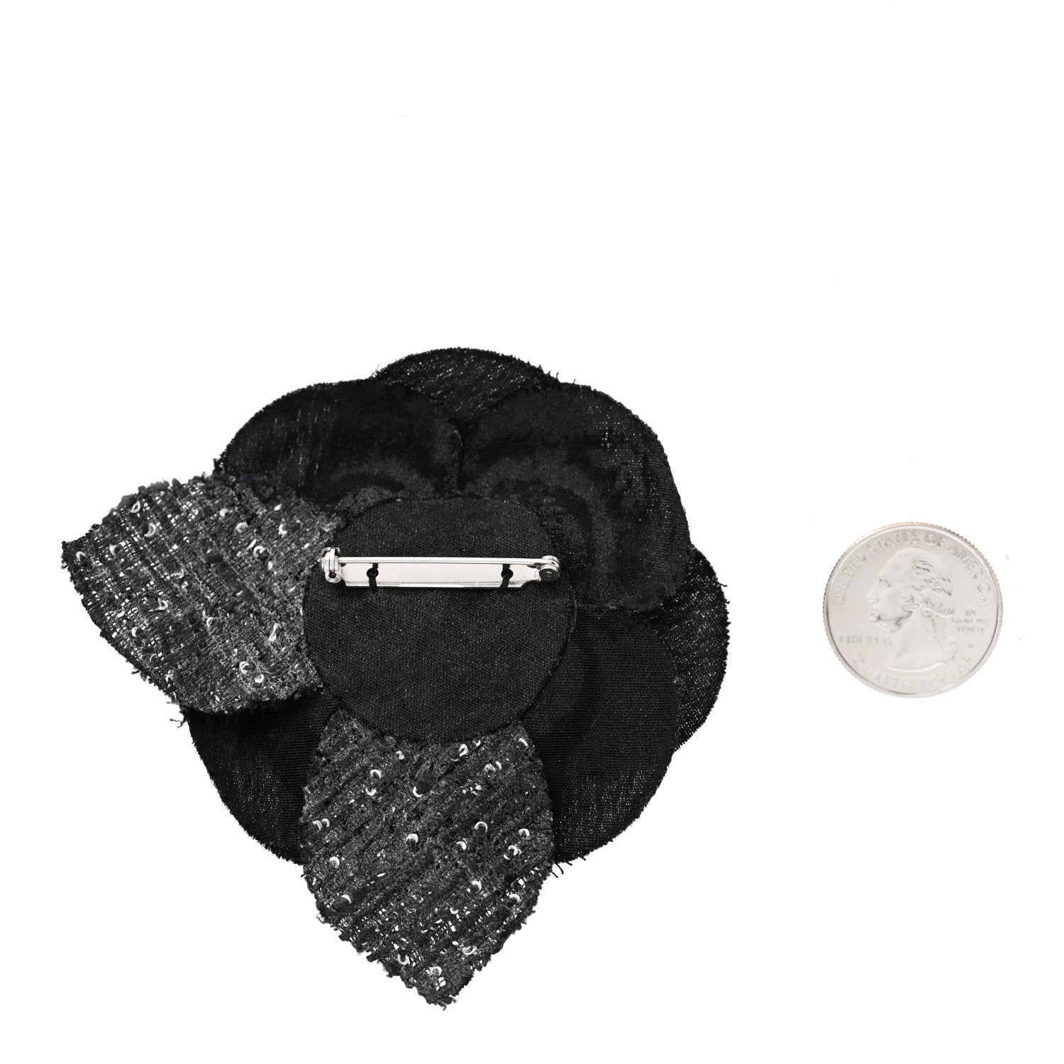 Chanel Tweed Camellia Pin Brooch Black White 2 of 3