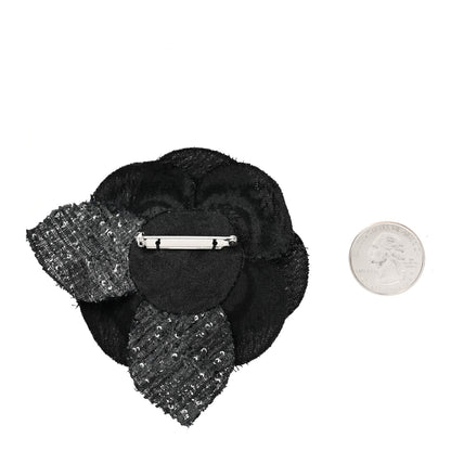 Chanel Tweed Camellia Pin Brooch Black White 2 of 3