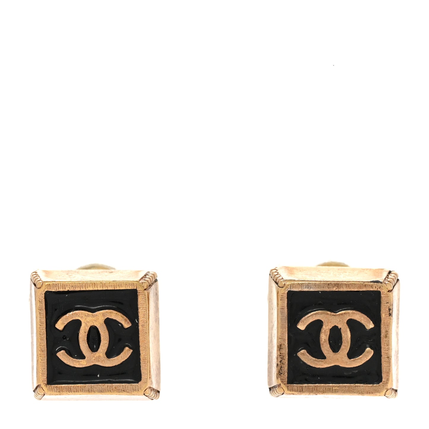 Metal Enamel CC Square Earrings Gold Black