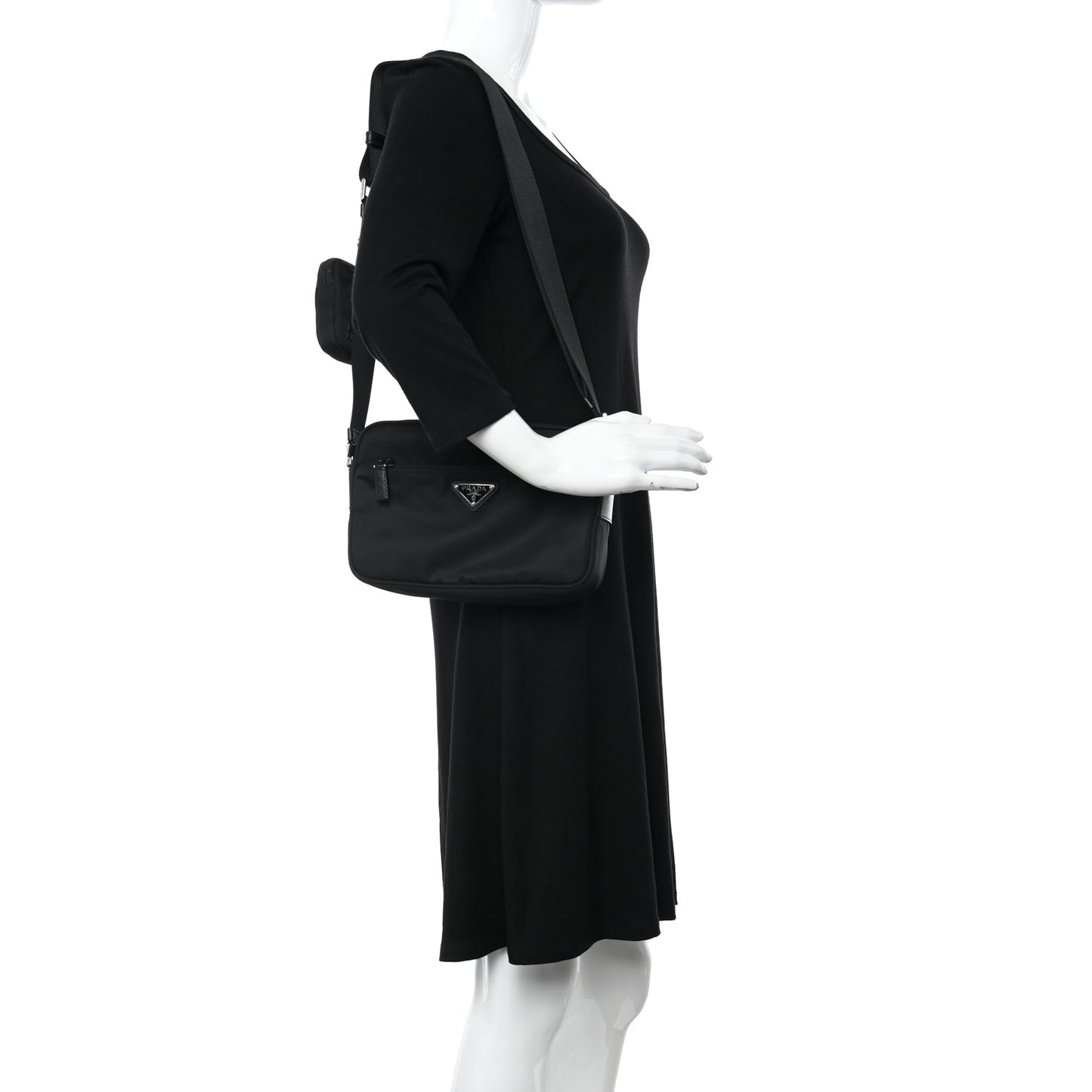 Re-Nylon Vela Saffiano Pocket Double Zip Shoulder Bag Black