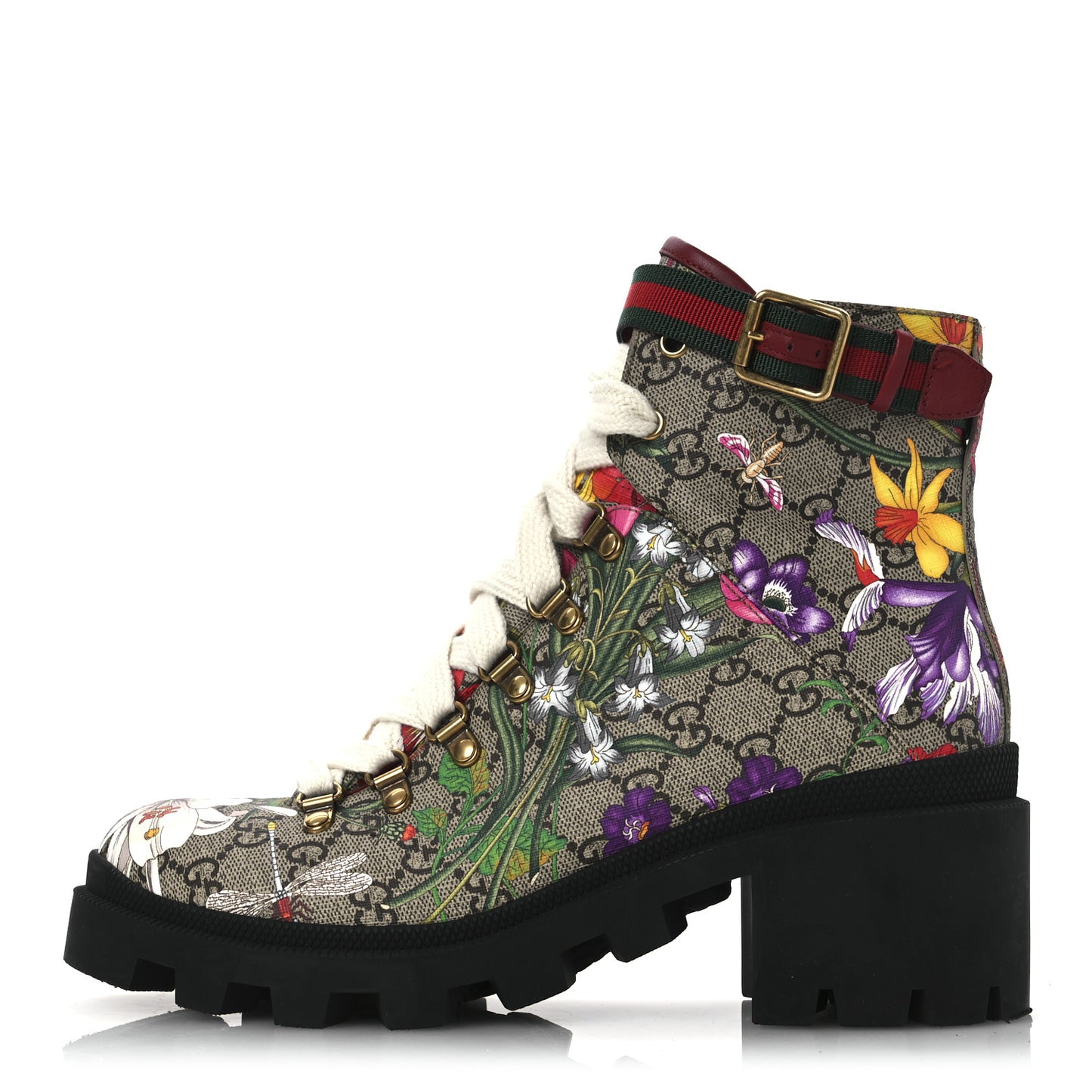GG Supreme Monogram Flora Lace Up Combat Ankle Boots 40 Beige Multicolor Red