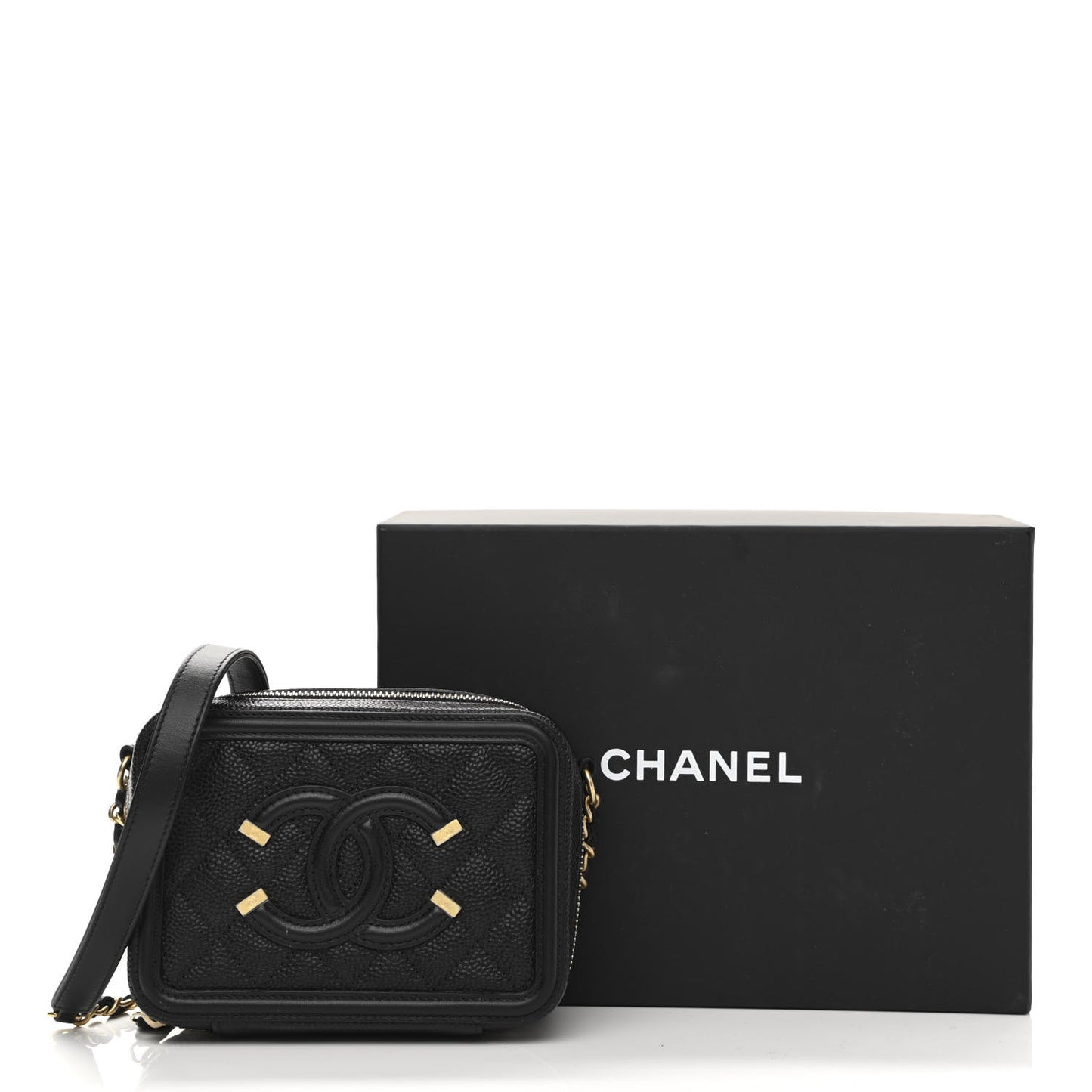 Caviar Quilted CC Filigree Vanity Clutch With Chain Black