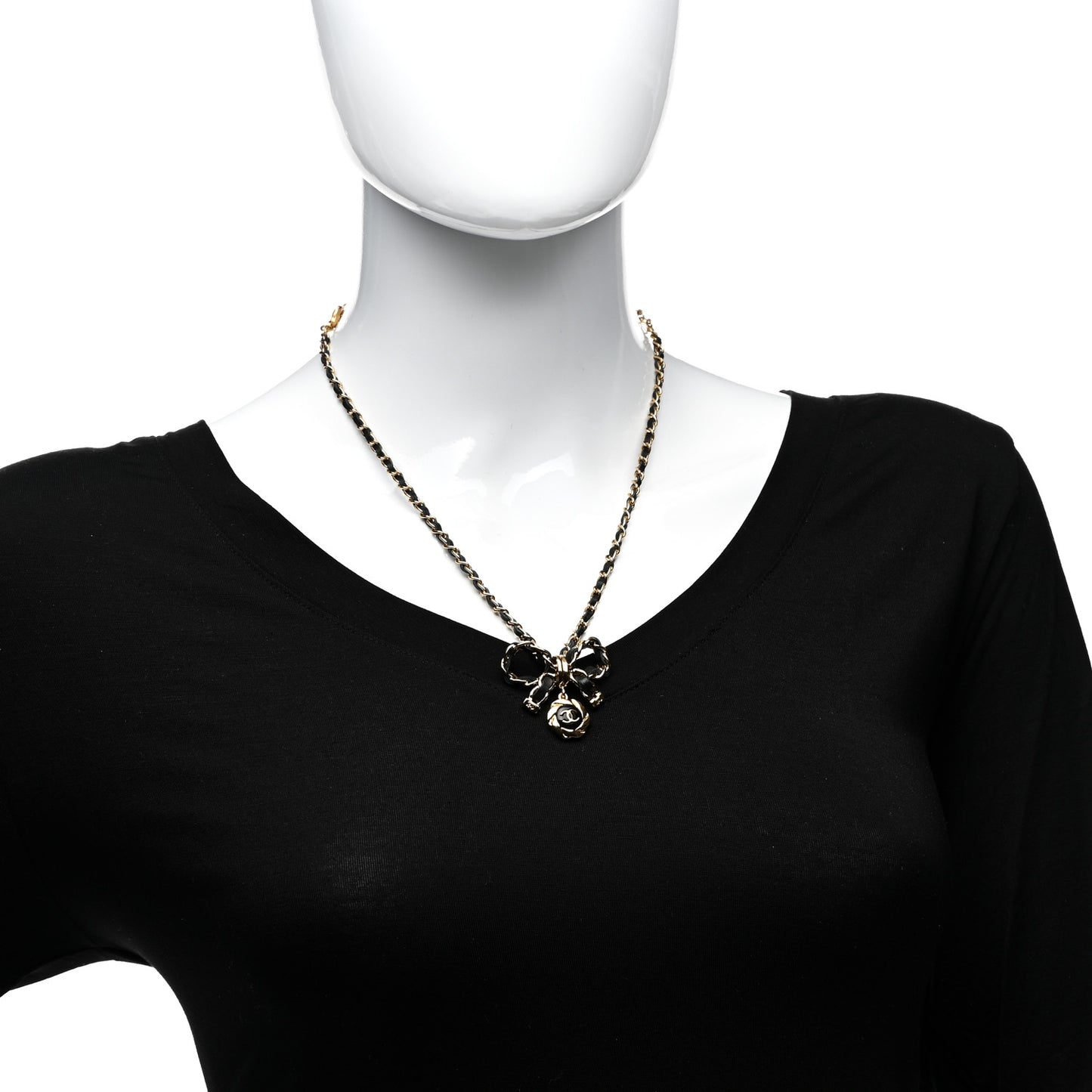 Metal Lambskin Chain CC Bow Necklace Black Gold