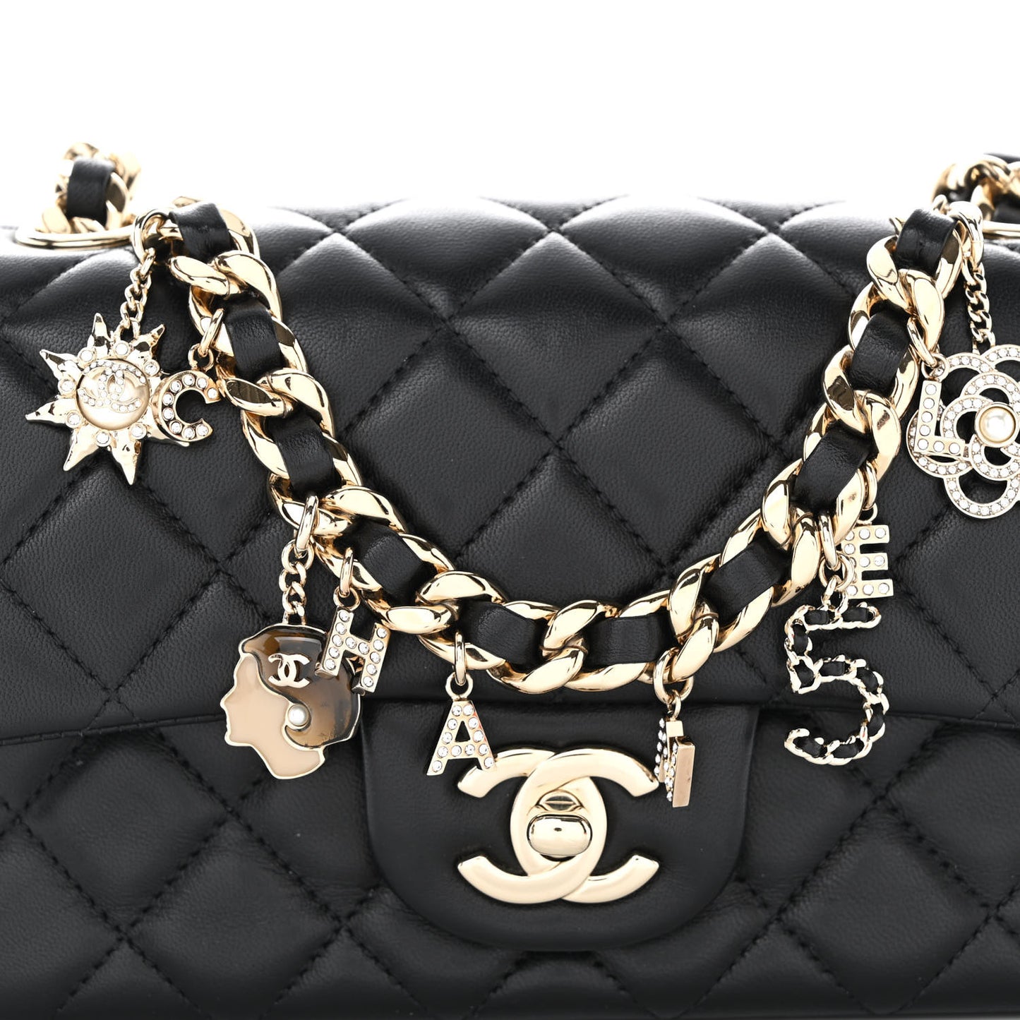 Lambskin Quilted Mini Coco Charms Rectangular Flap Black