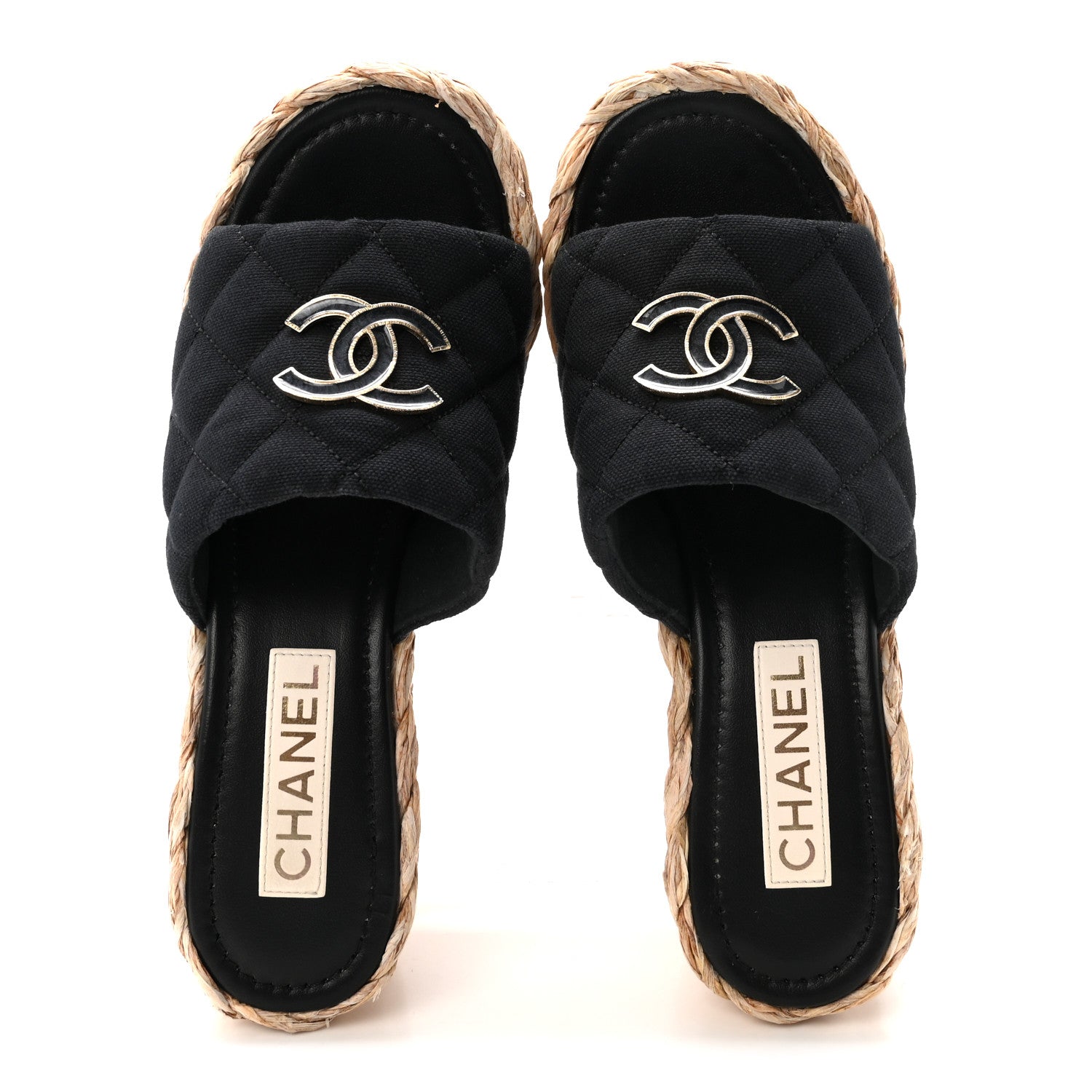 Chanel Canvas Raffia Wedge Sandals 39 Black 2 of 8