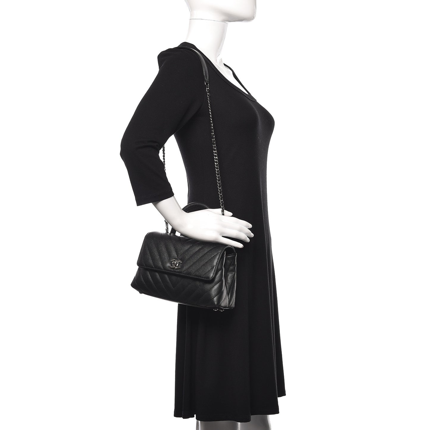 Caviar Chevron Quilted Mini Coco Handle Flap Black