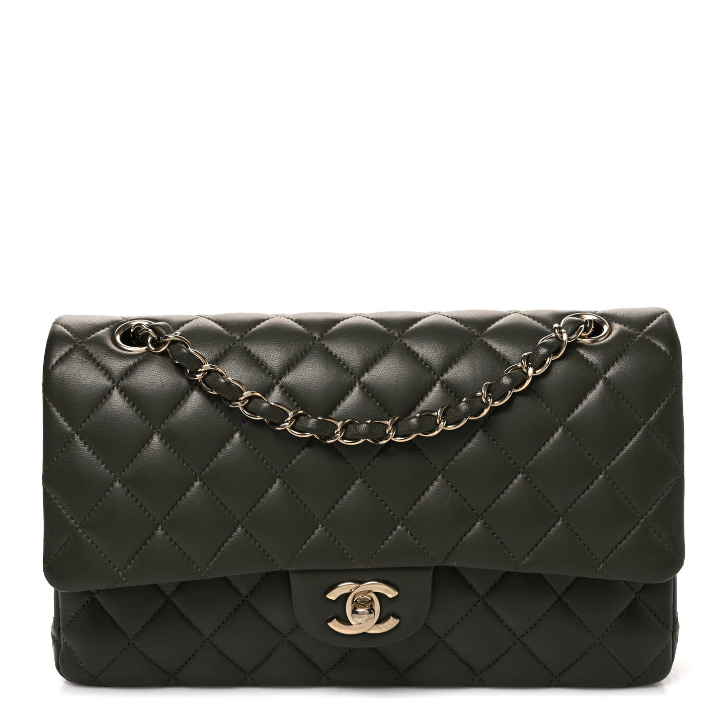 Lambskin Quilted Medium Double Flap Khaki