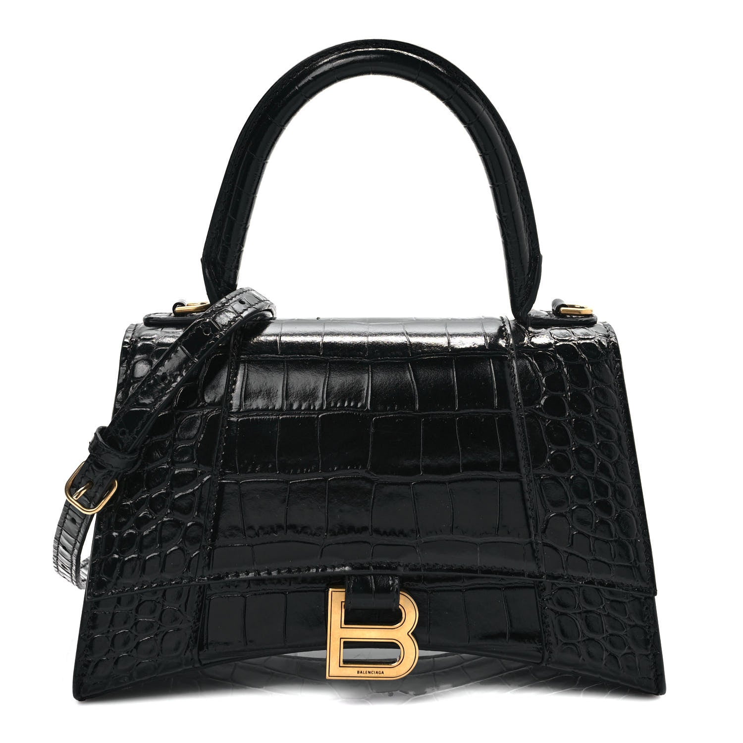 Balenciaga Shiny Calfskin Crocodile Embossed Small Hourglass Top Handle Bag Black 1 of 9