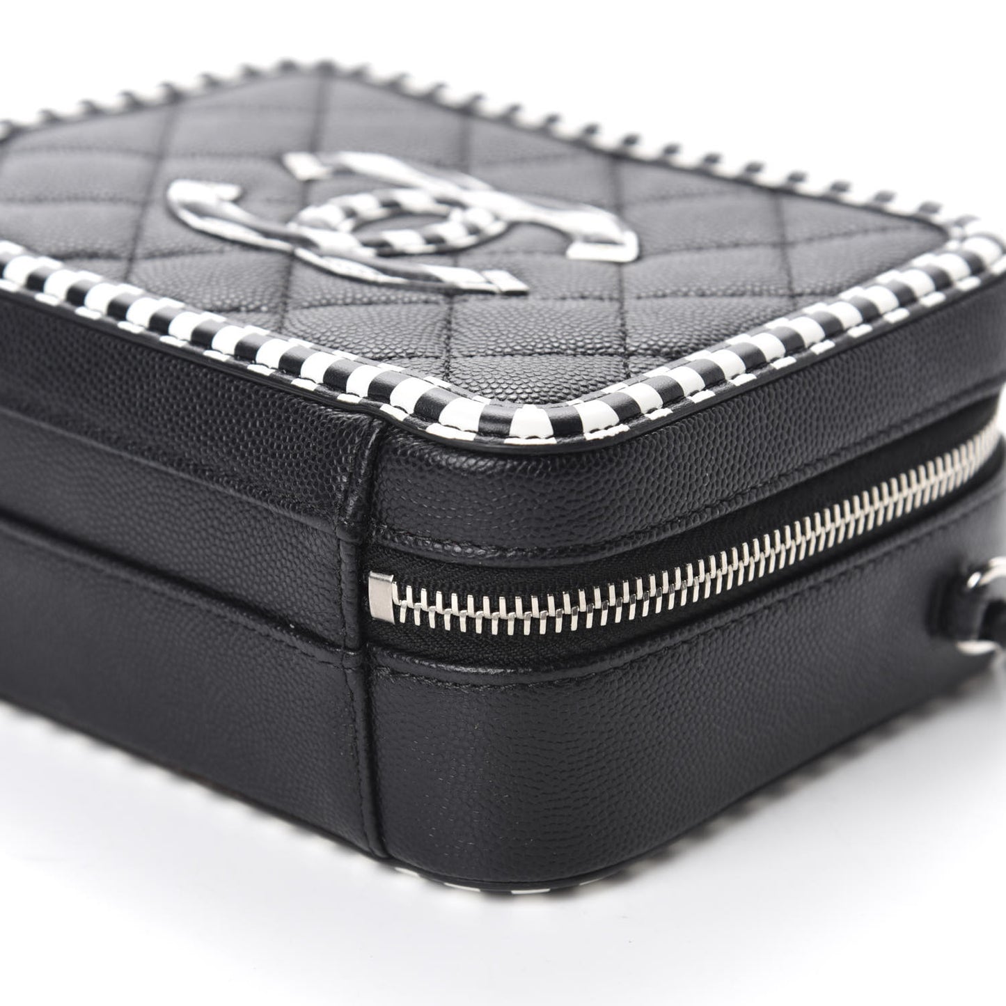 Caviar Quilted Striped Small CC Filigree Vanity Case Black White