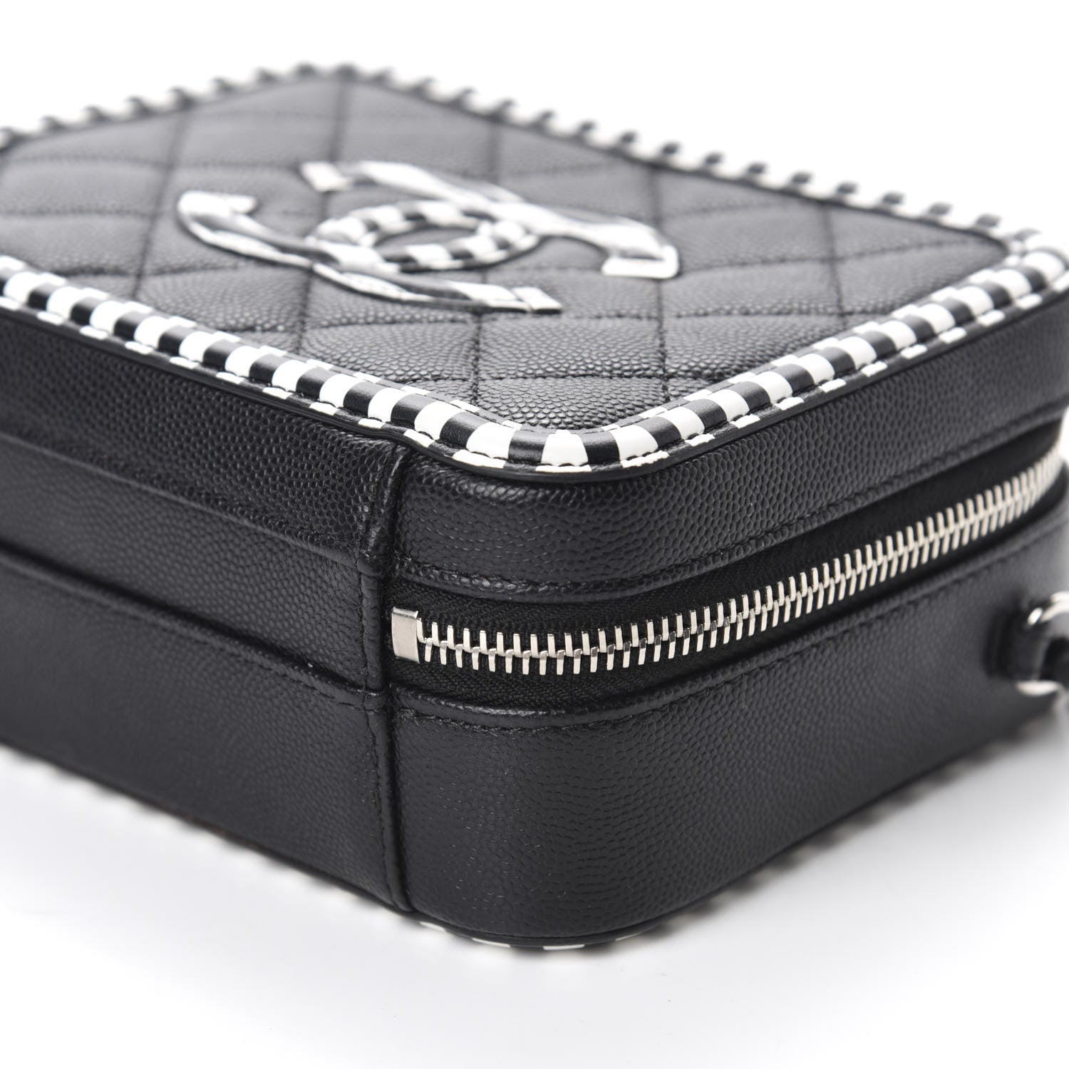 Chanel Caviar Quilted Striped Small CC Filigree Vanity Case Black White 7 of 10