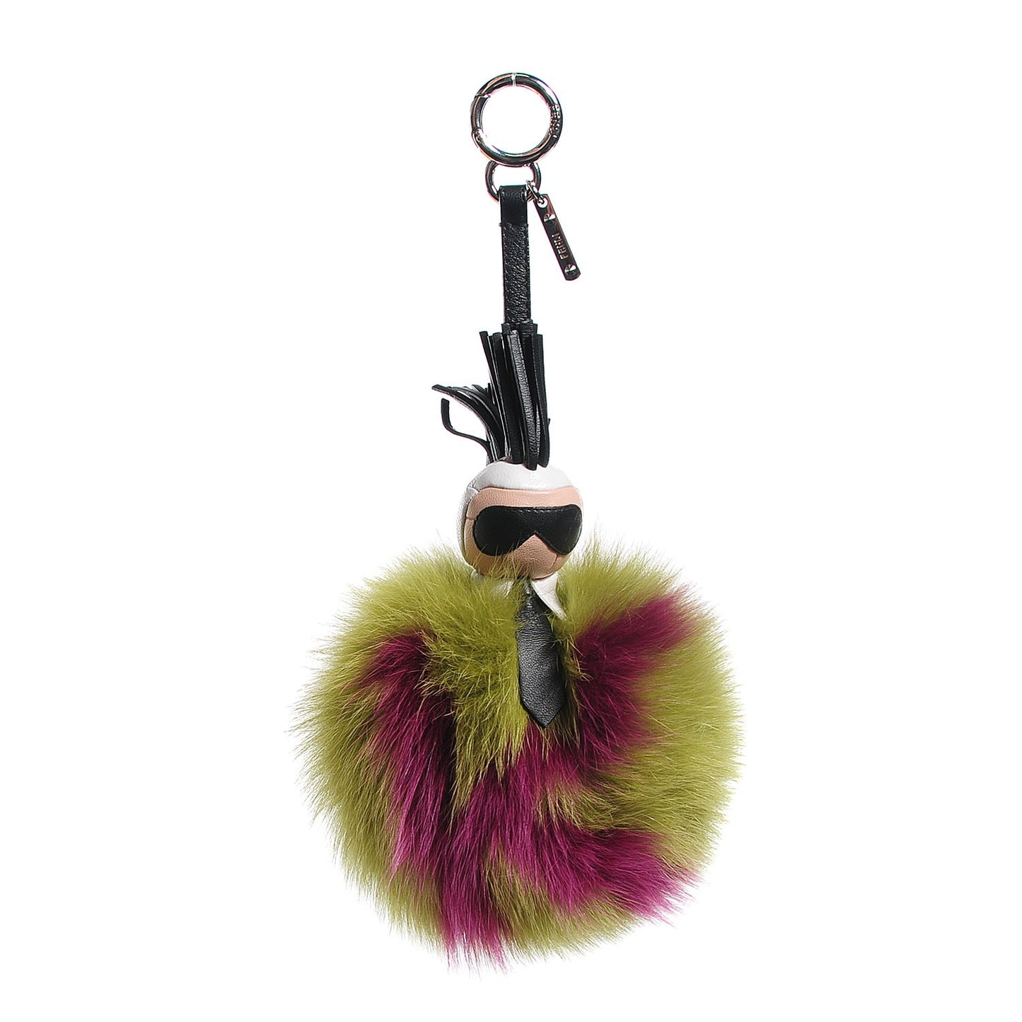Fox Fur Shiny Nappa Super Karlito Pom Pom Bag Charm Malachite Multicolor Black