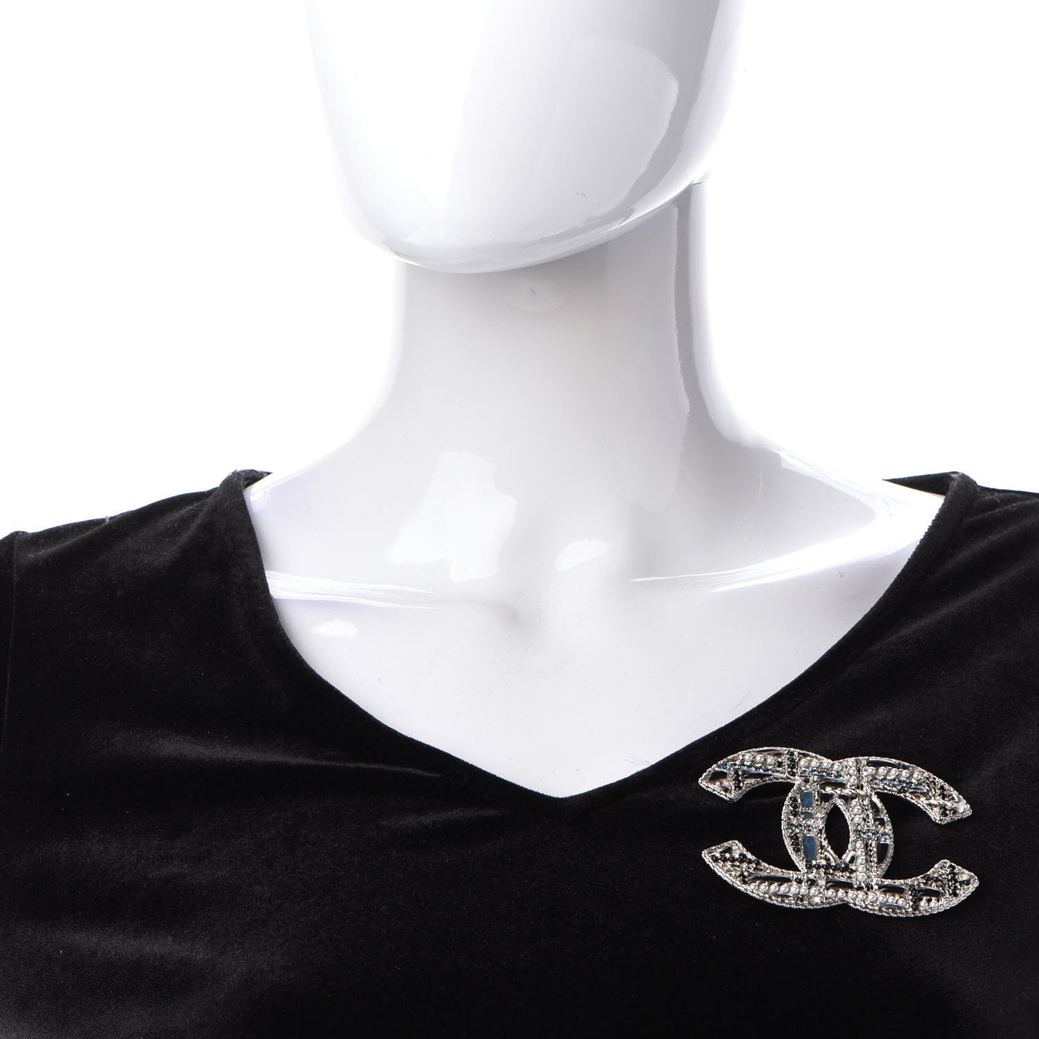 Chanel Crystal Pearl CC Tweed Brooch Silver Black 2 of 5