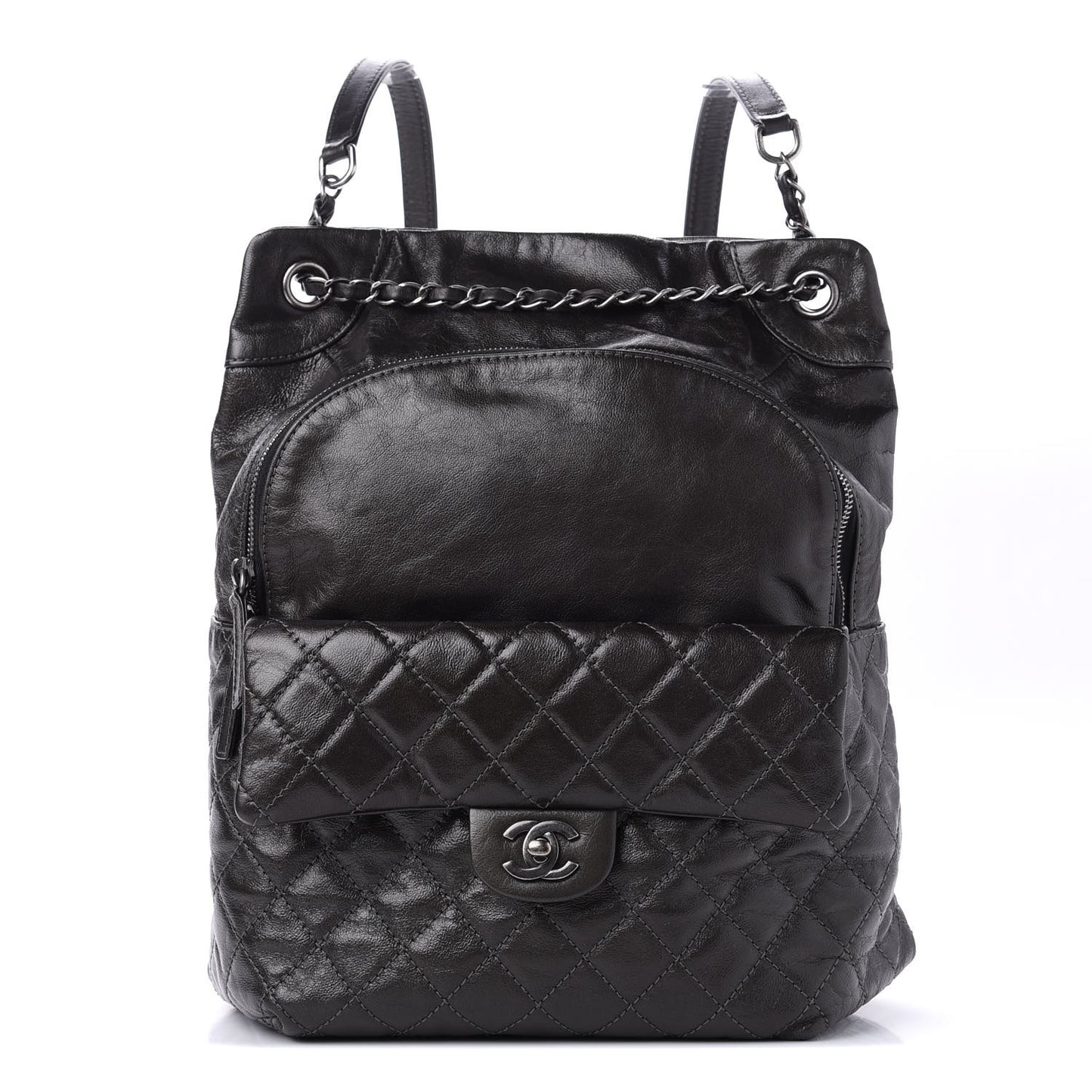 Metallic Lambskin Quilted Drawstring Backpack Black