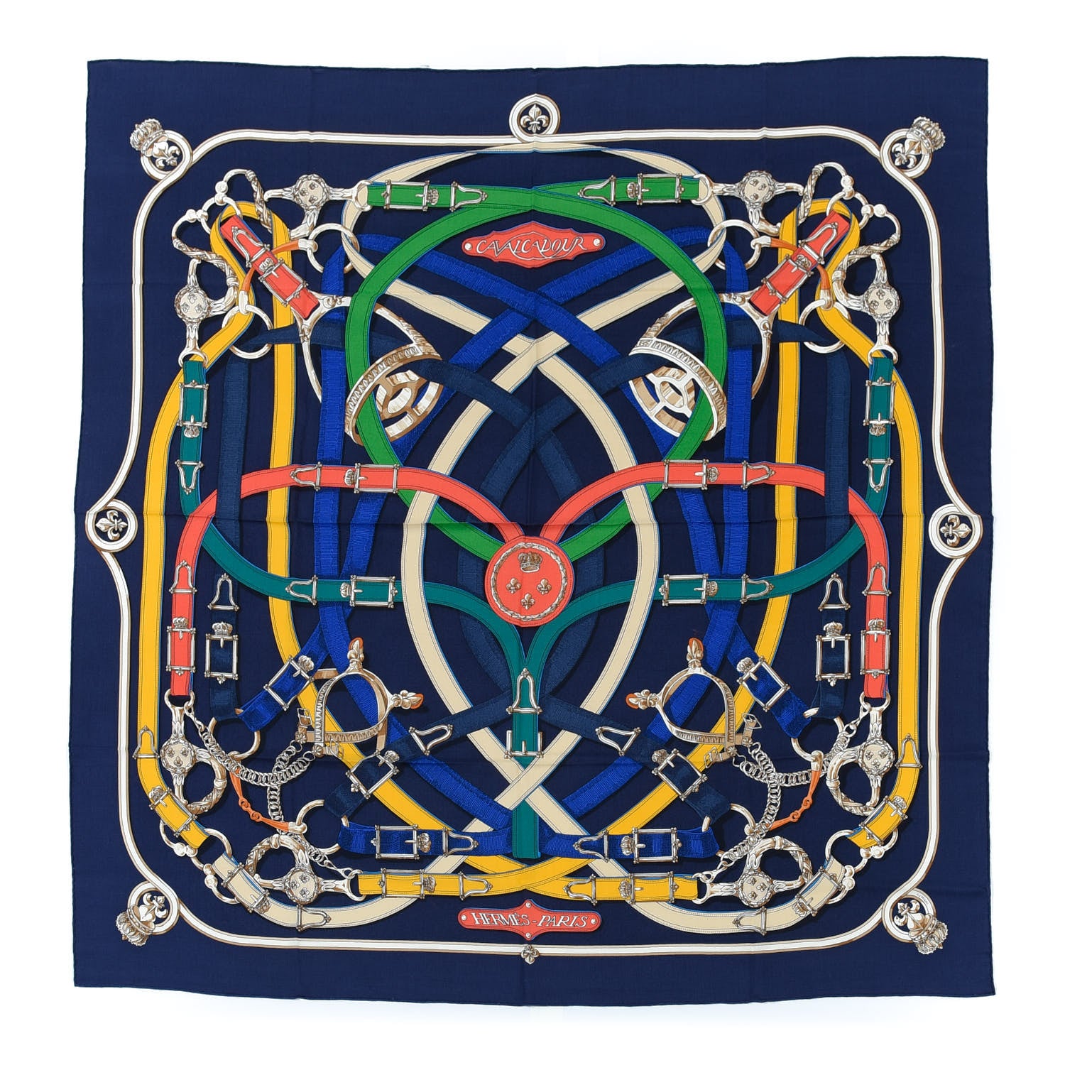 Hermes Cashmere Silk Cavalcadour Shawl 140 Marine Vert Multicolore 1 of 6